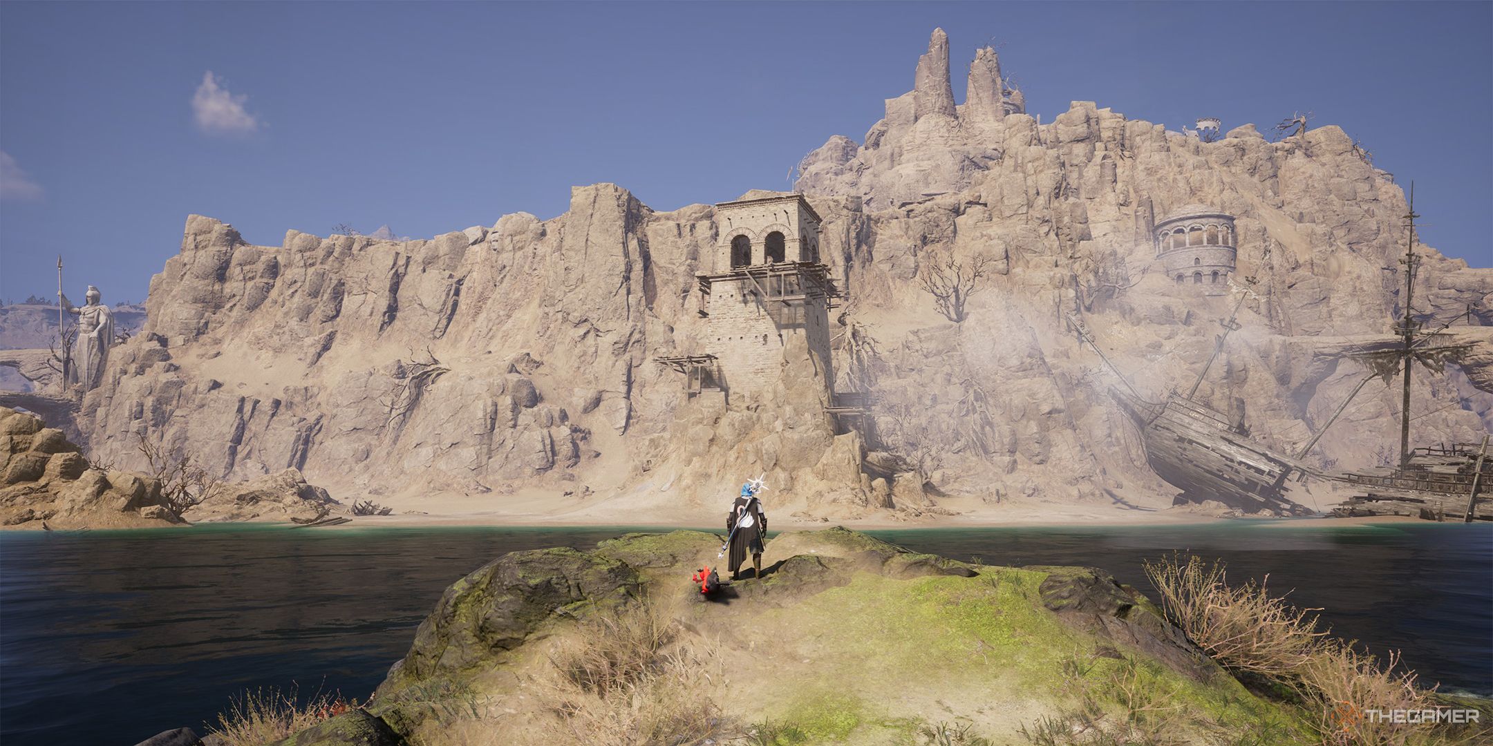 The player standing on a small island in the ocean looking at a tower in Daybreak Shore.