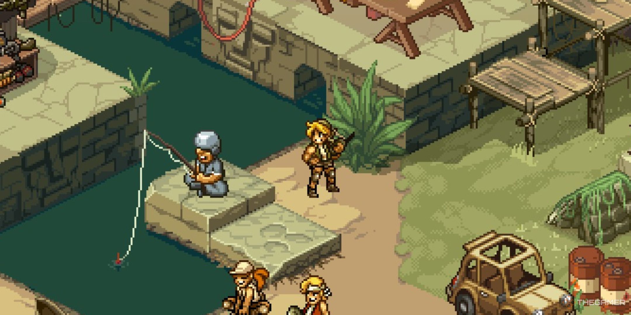 eri stands in the jungle base while marco and fio sit by the river in metal slug tactics.