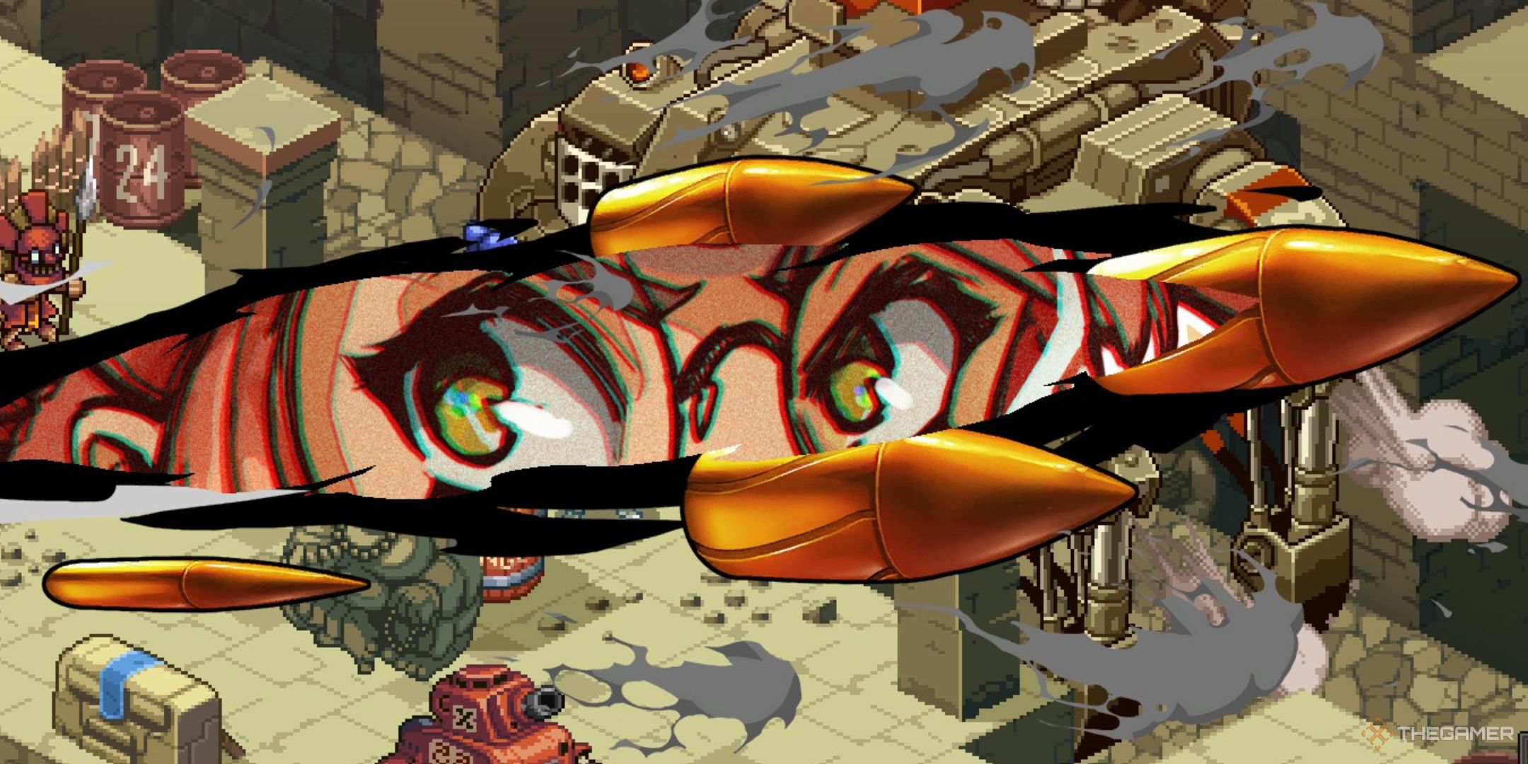 A closeup of Fio Germi's glasses during her special attack during the Dragon Nosuke boss fight in Metal Slug Tactics.