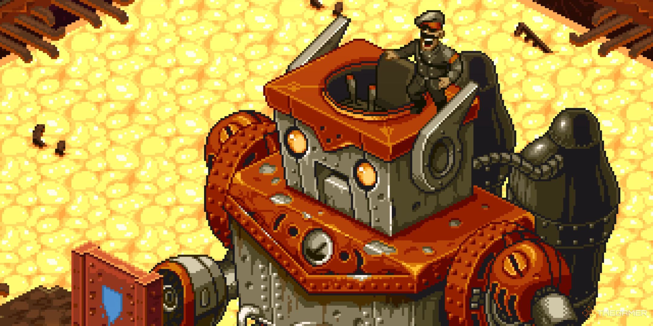 Morden points and laughts from atop his Jupiter King mech before the final battle in Metal Slug Tactics.