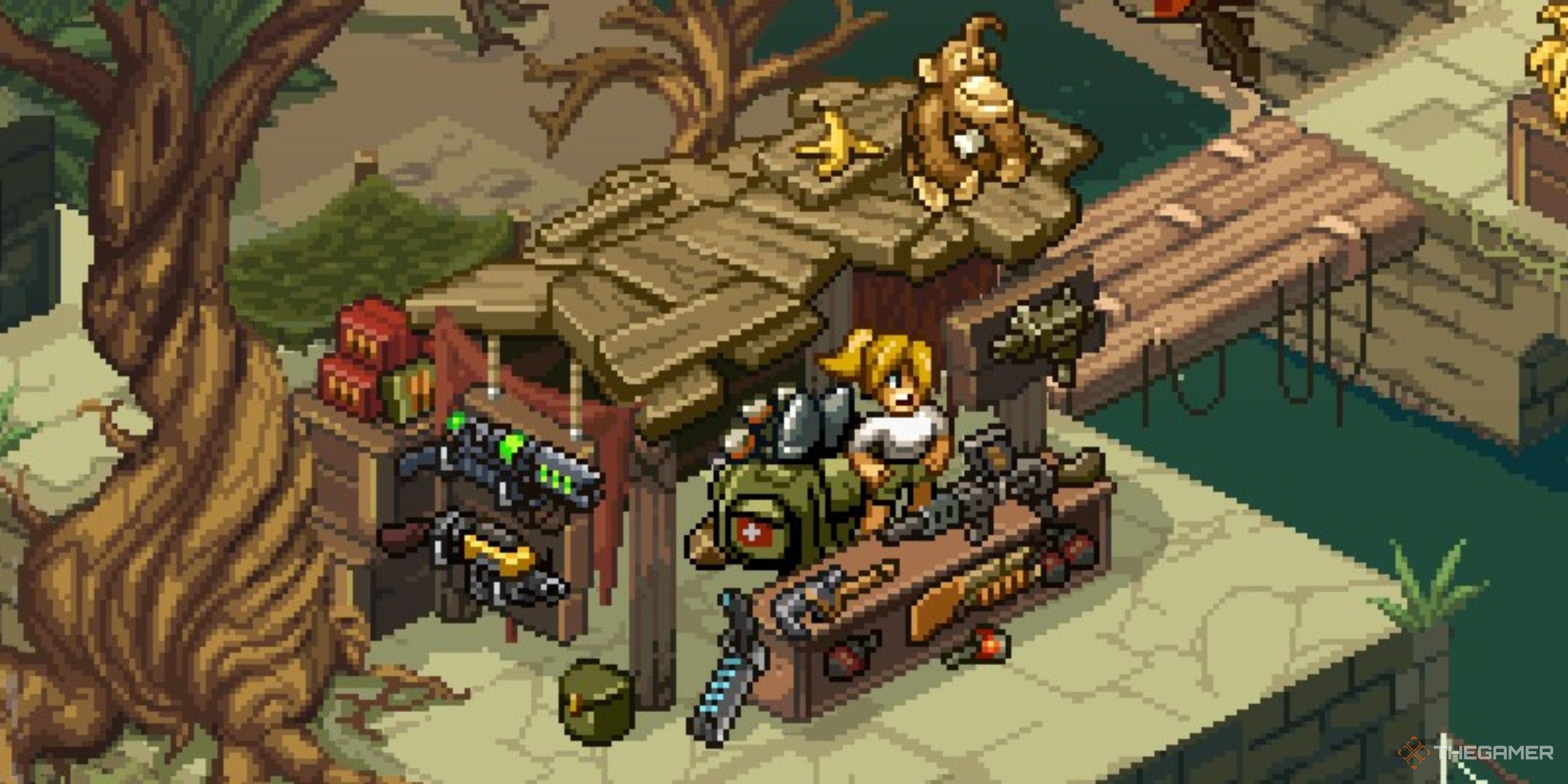 Rumi Aikawa's weapon shop at the jungle base in Metal Slug Tactics.