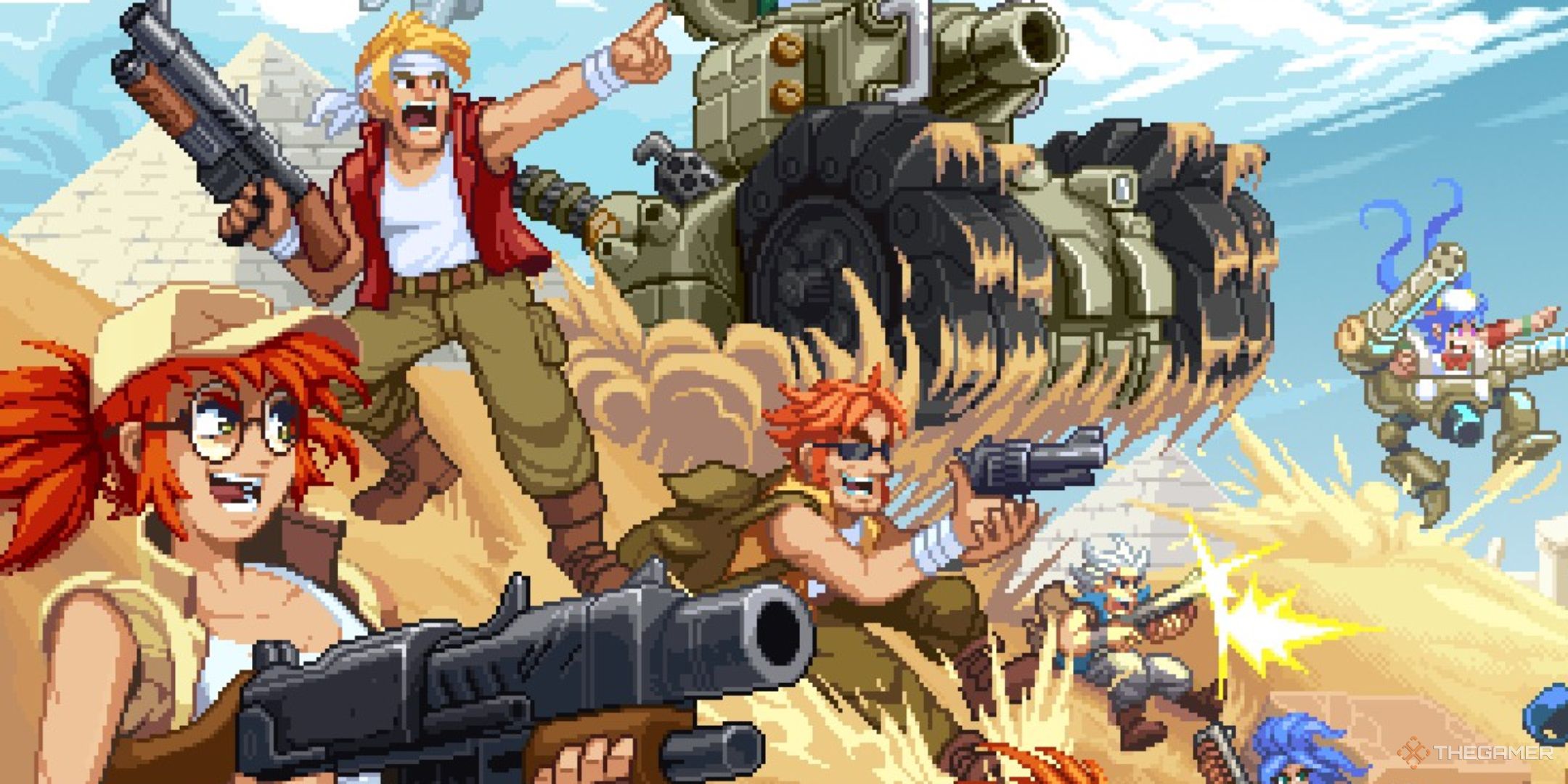 Marco, Fio, and Tarma in the desert with a Metal Slug tank in the background on the title screen of Metal Slug Tactics.