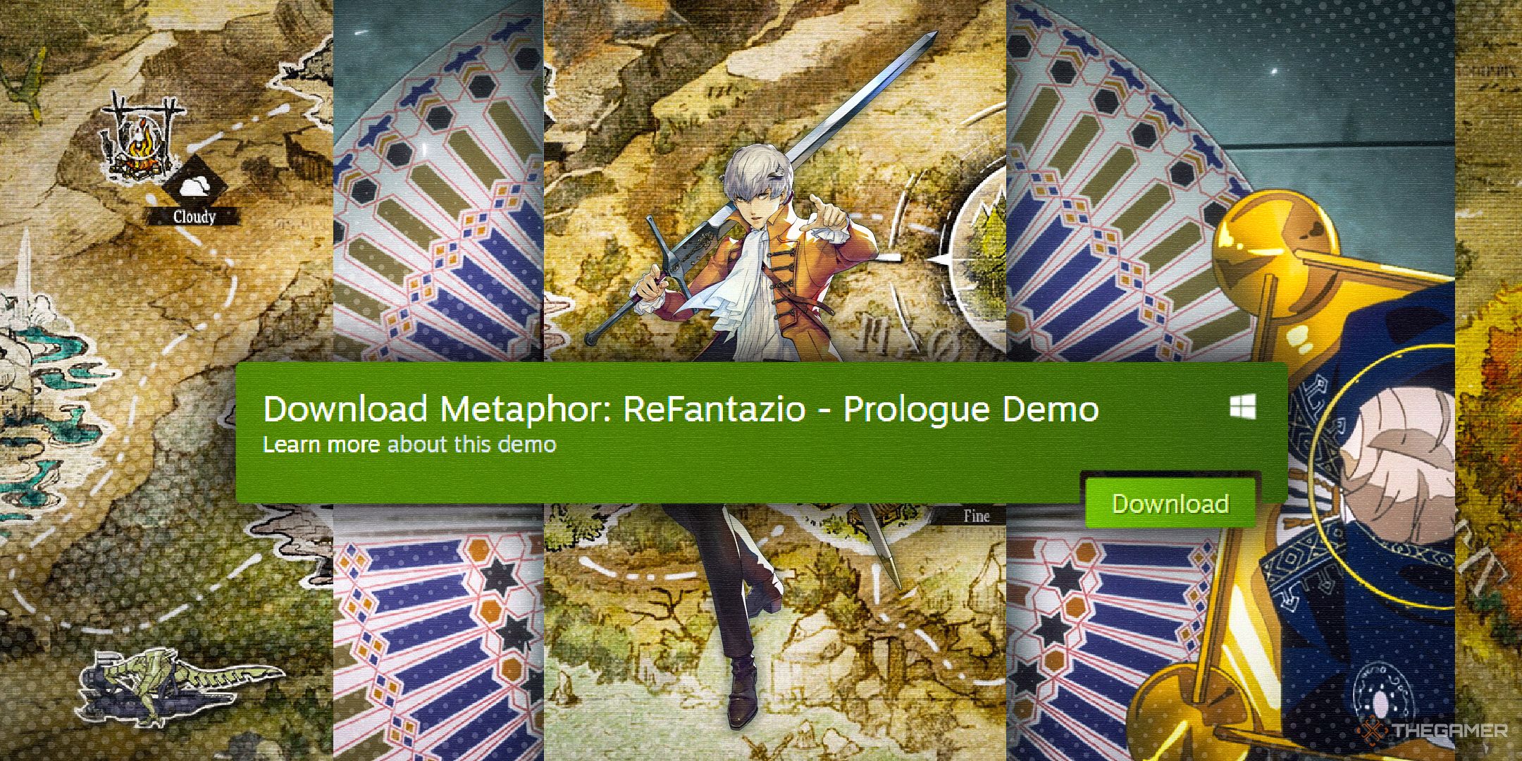 Metaphor art in the background and a link to download the demo in the foreground.