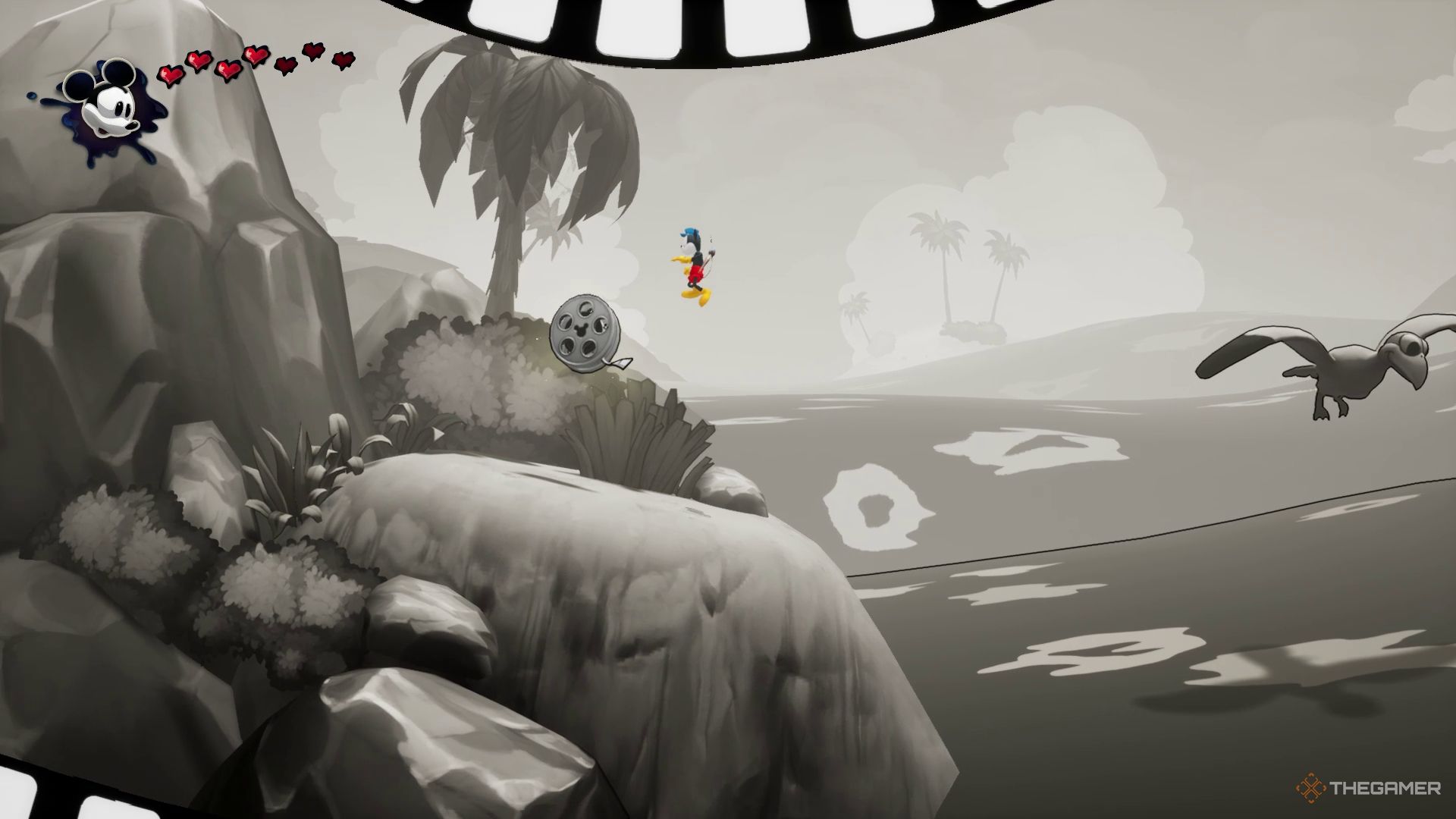 میکی در حال جمع‌آوری اولین حلقه فیلم در Castaway Part One در Disney Epic Mickey: Rebrushed.