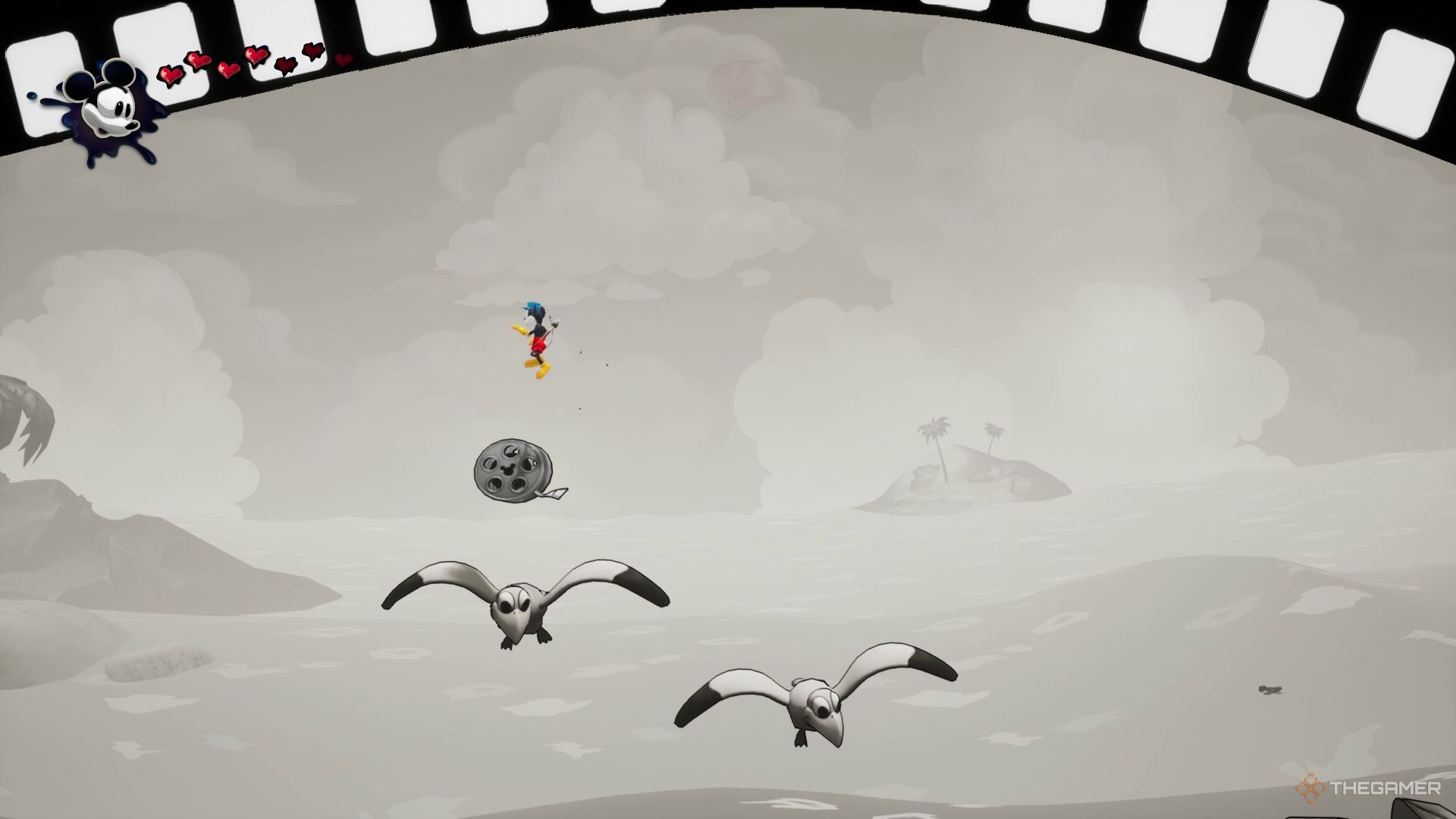 میکی در حال جمع‌آوری دومین حلقه فیلم در Castaway قسمت اول در Disney Epic Mickey: Rebrushed.