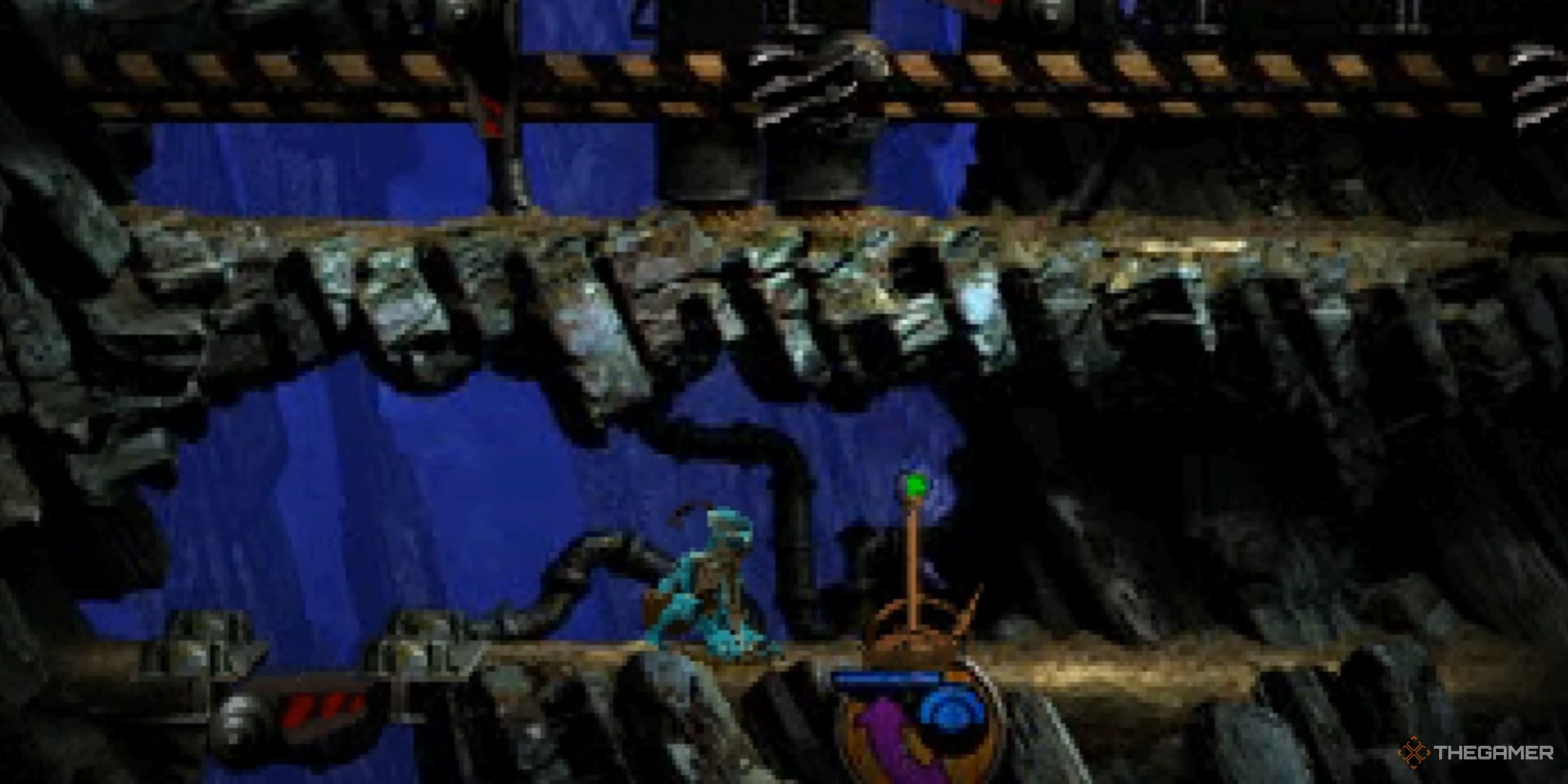 Abe crouching near a lever in Oddworld: Abe's Exoddus.