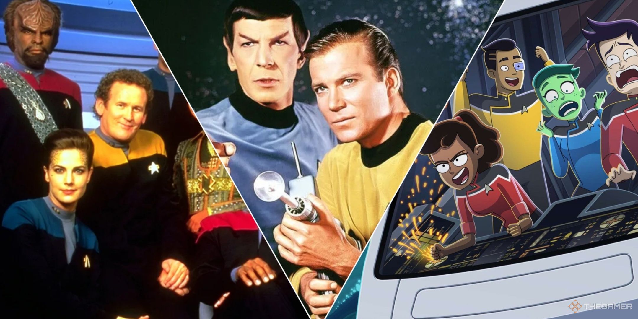 A collage of Star Trek shows including the original and Lower Decks.