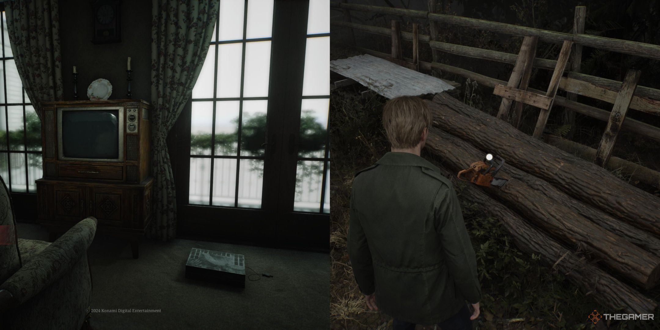 The main menu showing James' hotel room in Silent Hill 2 remake, and James looking at a chainsaw in Silent hill 2 remake, left to right.