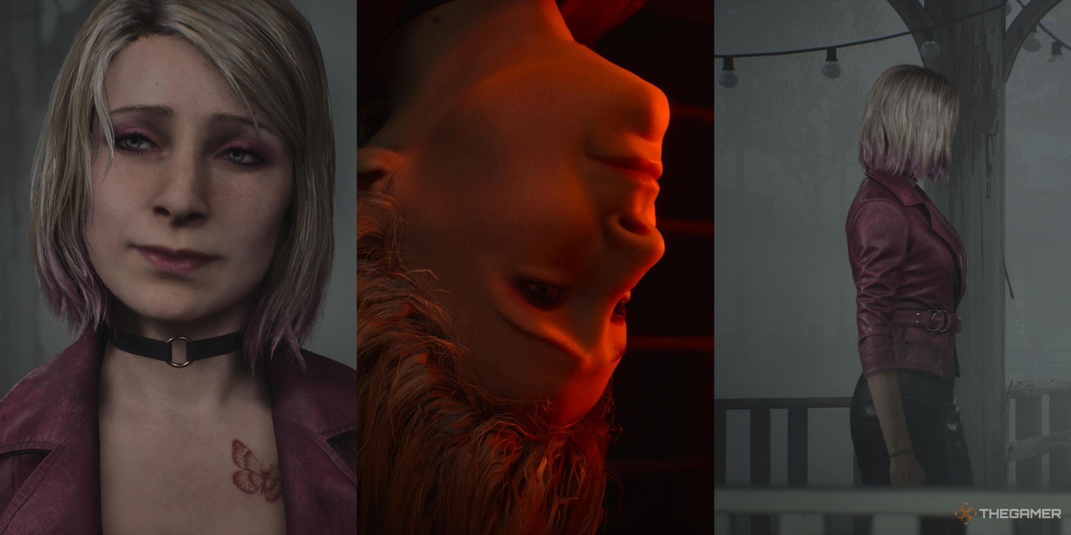 Maria with a soft expression on her face, Maria bathed in red light as she is hung upside down, and Maria looking to the right in silent hill 2 remake, left to right.