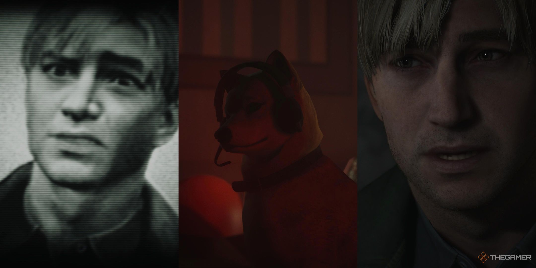 James in black and white in the ufo ending, the shiba inu in the dog ending, and James in the leave ending of silent hill 2 remake, left to right.