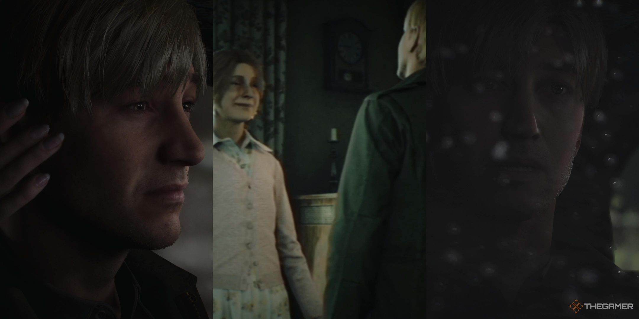 James being caressed by a hand in the stillness ending, James and Mary together in the Bliss ending, and James in the car while the windshield is covered in rain in the In Water ending, left to right in silent hill 2 remake.