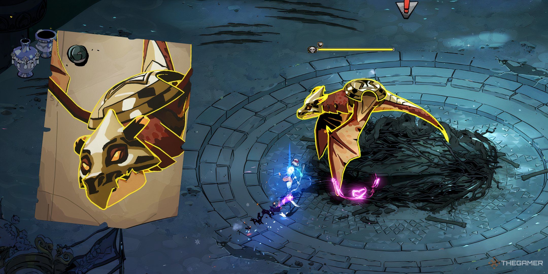 چگونه می توان Onigashira را در Warriors شکست داد: Abyss 10 ملینو با Mega-Dracon می جنگد ، که توسط تصویر کتاب خود در Hades 2 قاب بندی شده است.