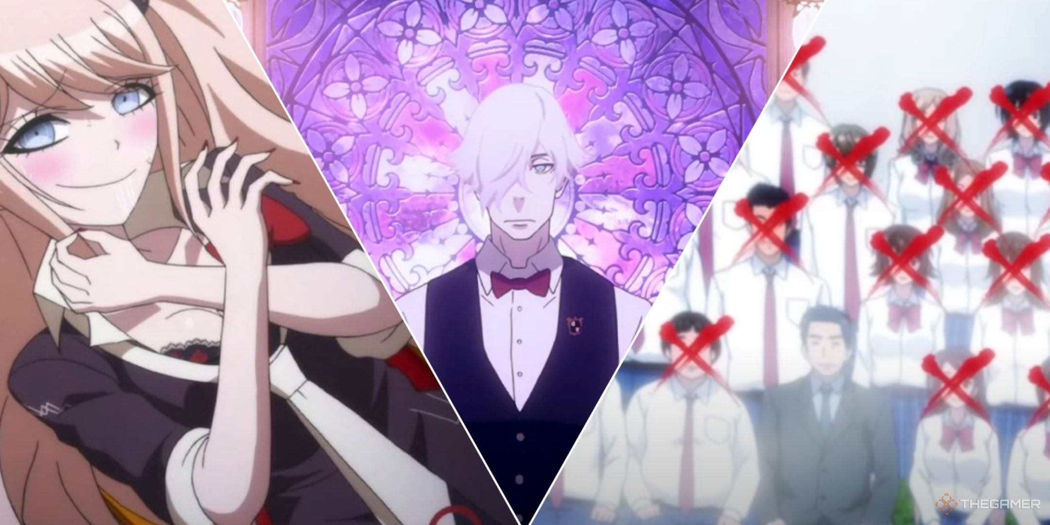 A collage of death game anime such as Danganronpa and Death Parade.