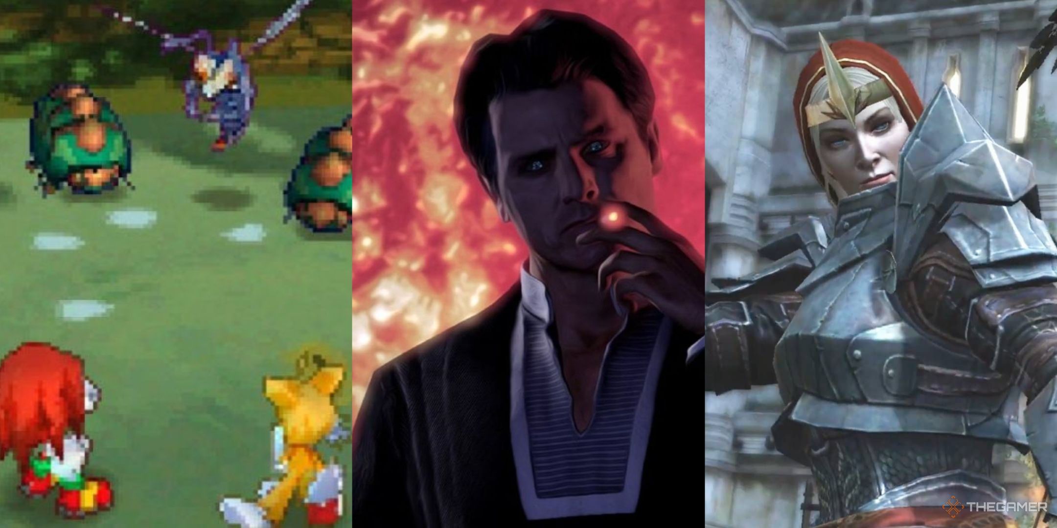 Tails and Knuckles in Sonic Chronicles, the illusive man smoking a cigarette in Mass Effect, and Meredith in Dragon Age 2, left to right.