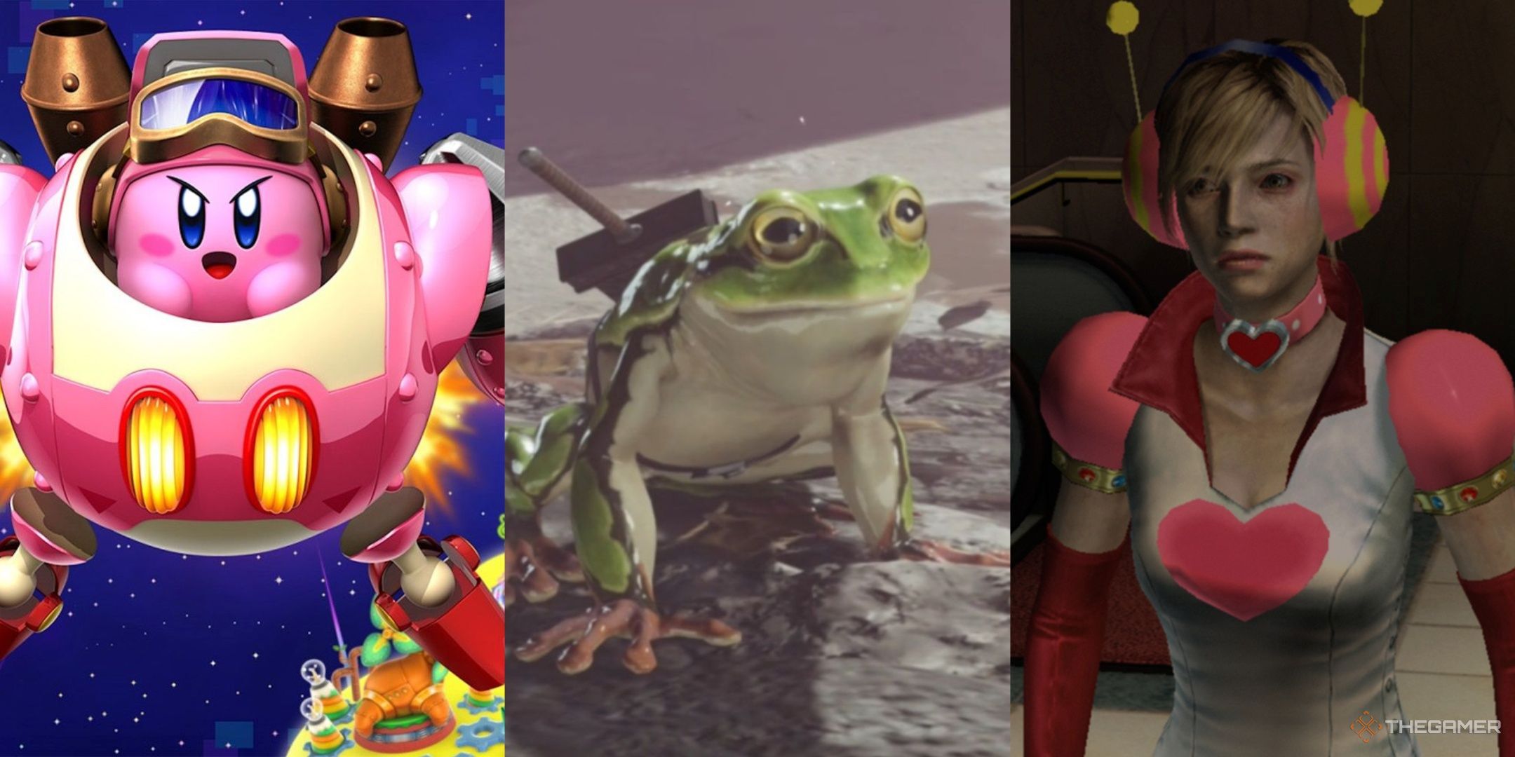 Kirby in a robot, cloud as a frog in final fantasy 7 remake, and heather as princess heart in silent hill 3, left to right.