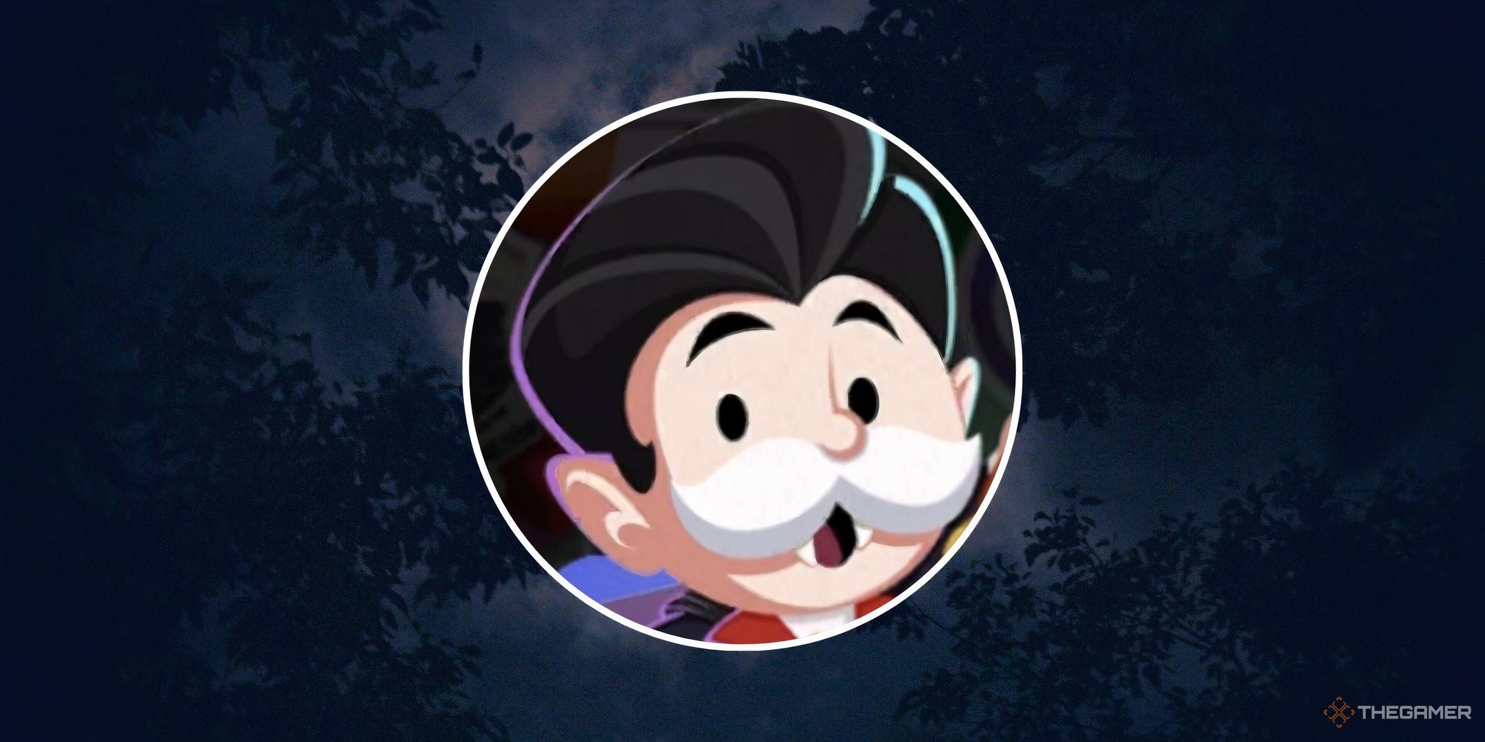 Mr. Monopoly dressed as a vampire in a frame in front of a moonlit forest for the Dracula&rsquo;s Delights Monopoly Go event guide.