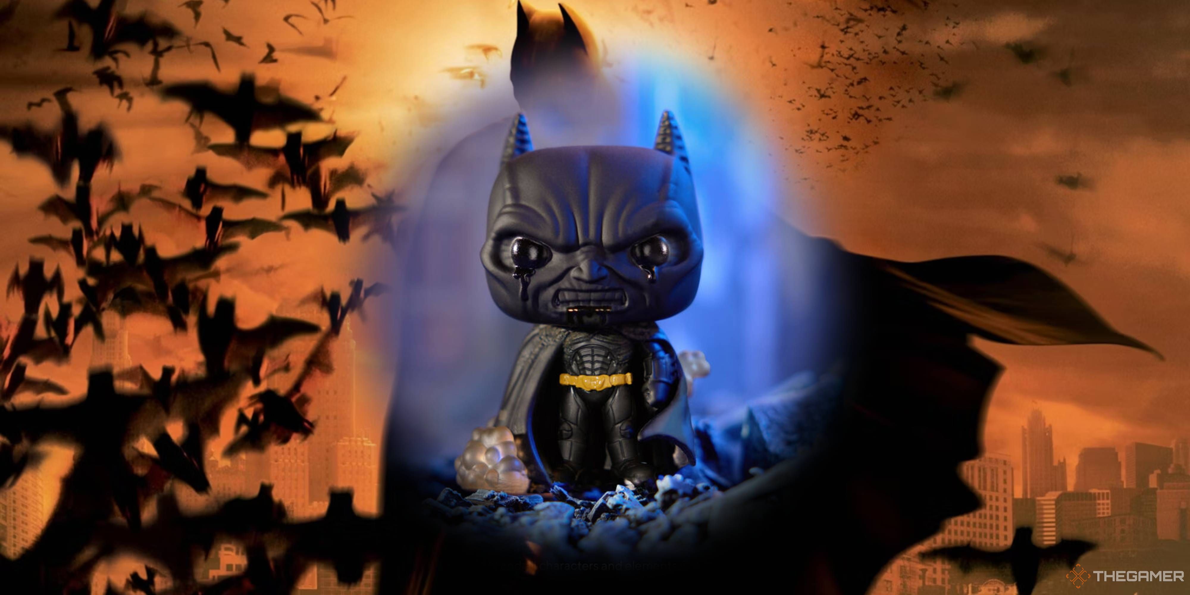 fear gas batman funko pop in front of a batman begins poster