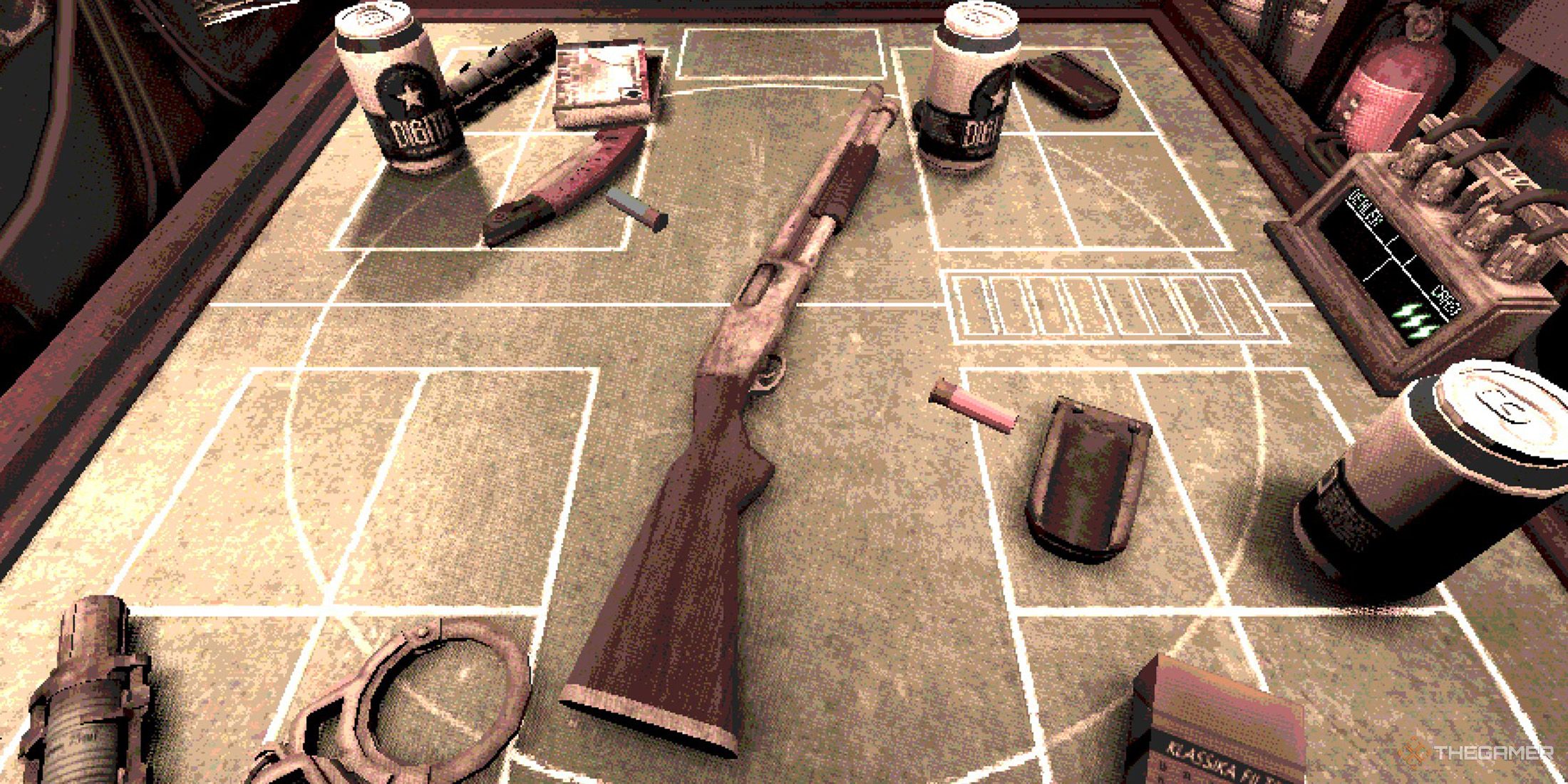 On the table, there is a shotgun and various items in Buckshot Roulette.