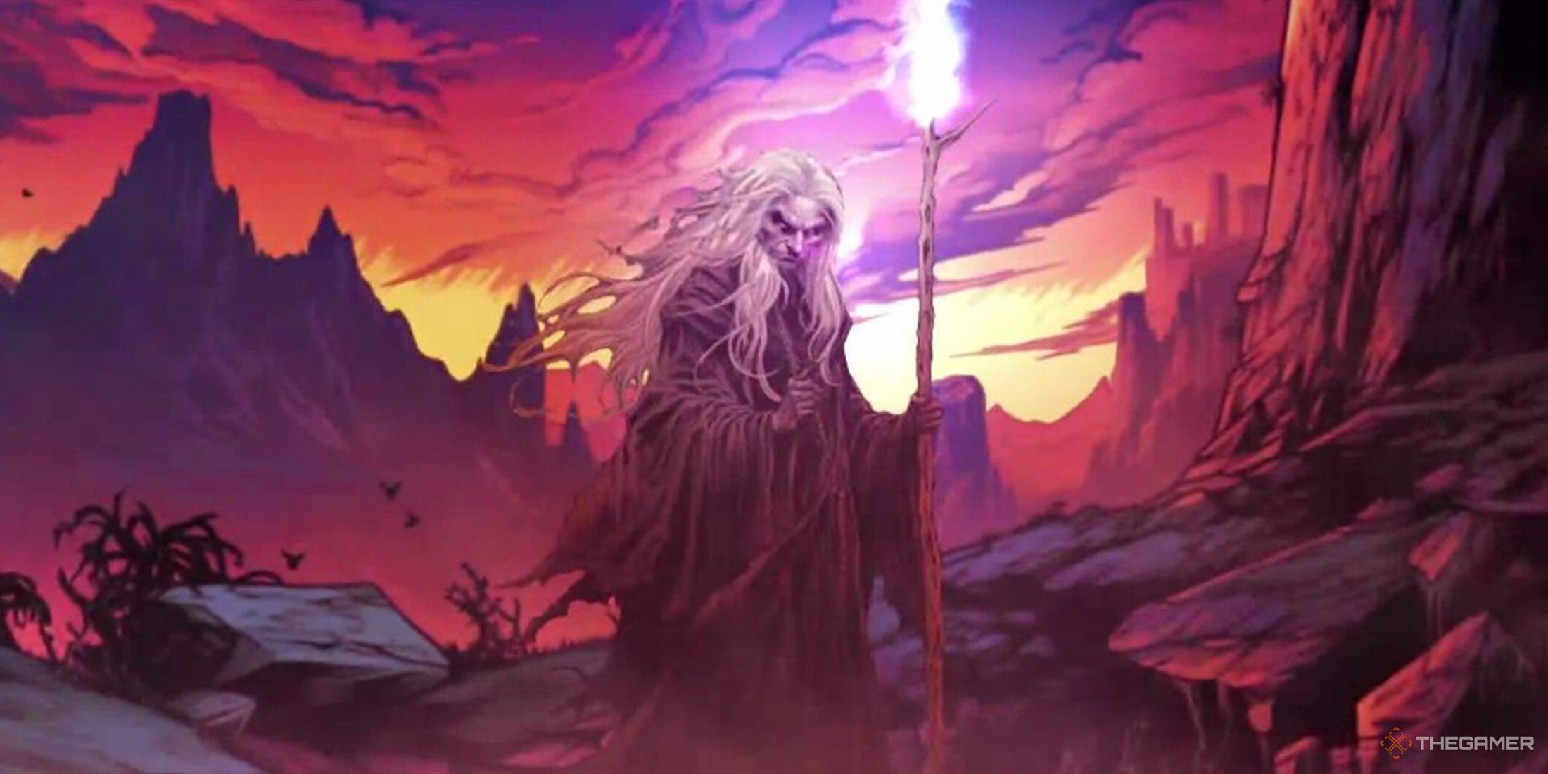 Phaedra is holding her staff in a deadly valley in Hands of Necromancy 2
