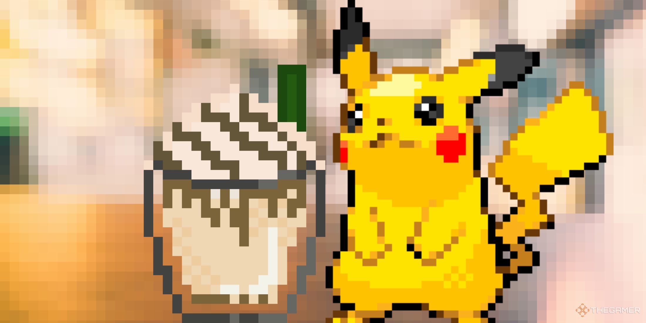 A pixel pikachu with a pixel coffee.