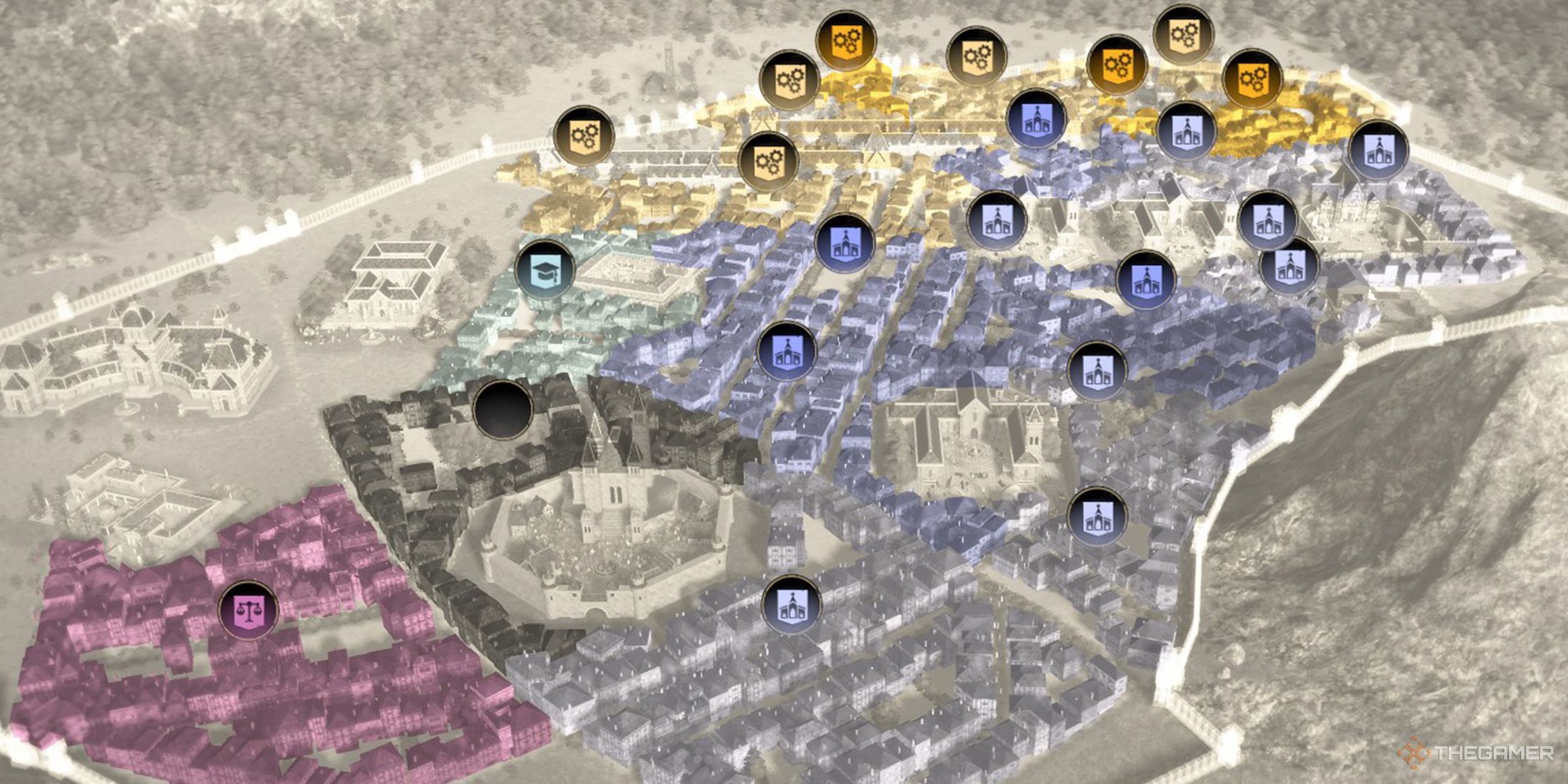 Player uses a filter and checks faction settlement among districts in Memoriapolis