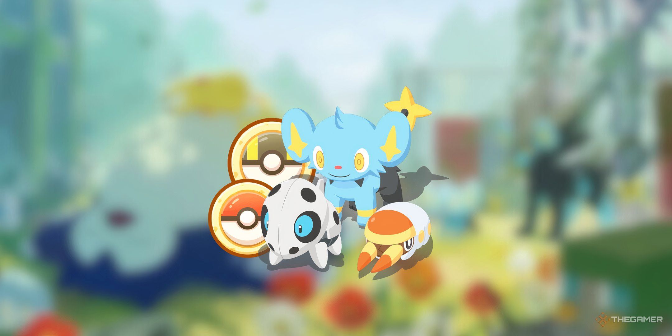 Pokemon Sleep Aron, Shinx, and Grubbin with a Poke Biscuit and Ultra Biscuit on a blurred background.