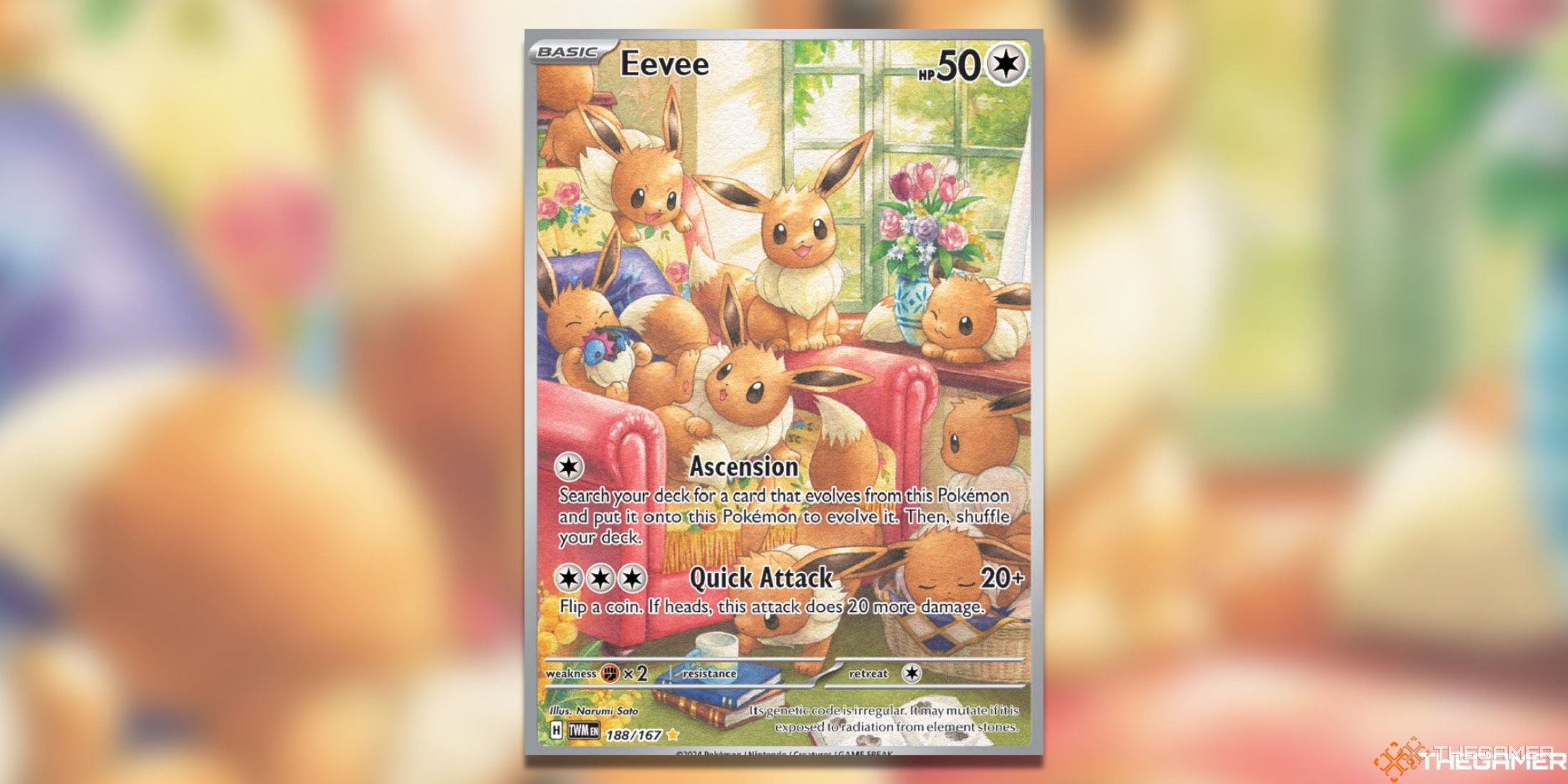 The Eevee Illustration rare from Twilight Masquerade in the Pokemon TCG.