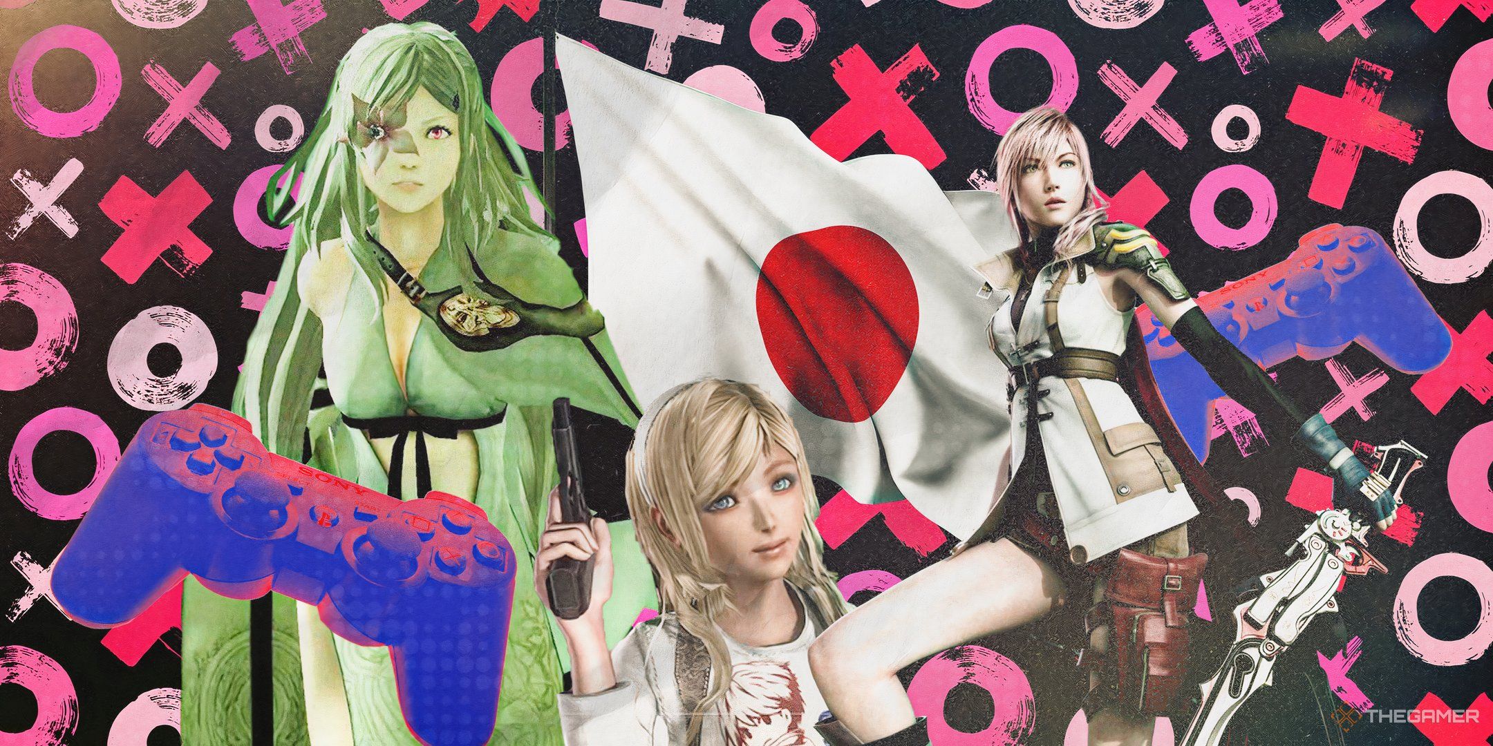 PS3 Japan featuring ps3 controller and three female characters in front of japanese flag