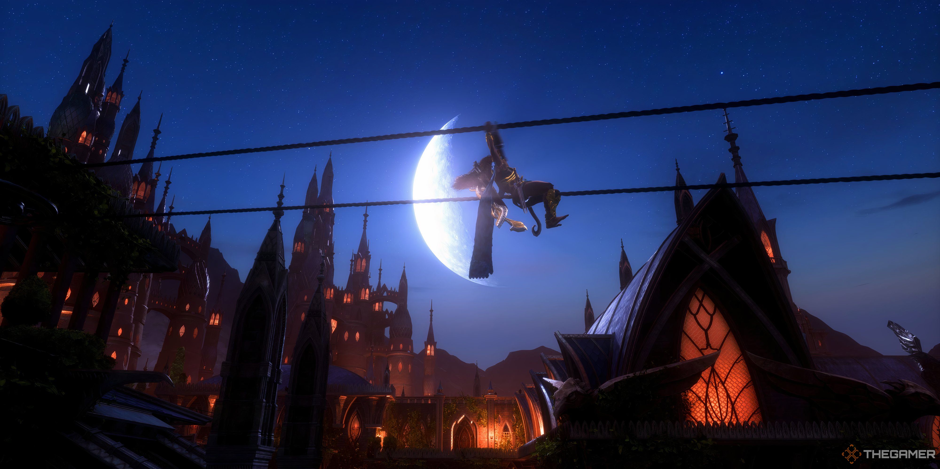 Rook riding a zipline in Dragon Age The Veilguard