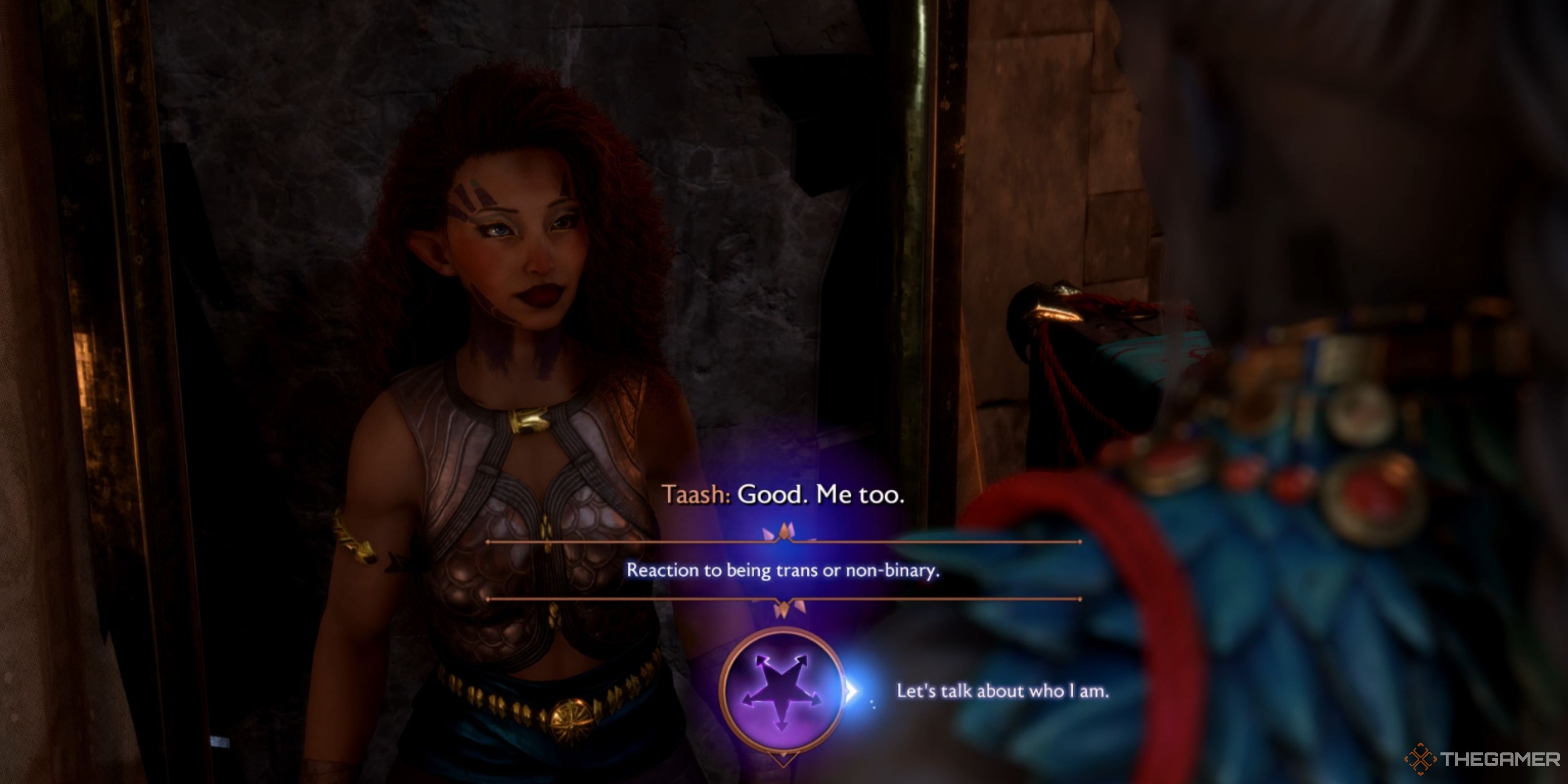 Rook talking to Taash about being trans Dragon Age The Veilguard