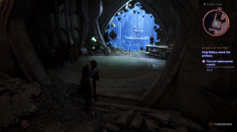 Rook finding a power crystal by a blue portal in Dragon Age The Veilguard