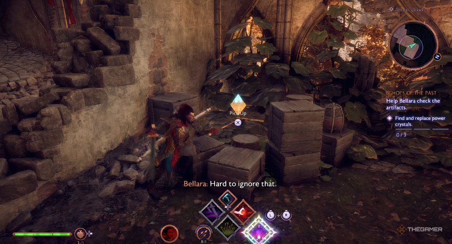 Rook finding a power crystal behind wooden boxes in Dragon Age The Veilguard