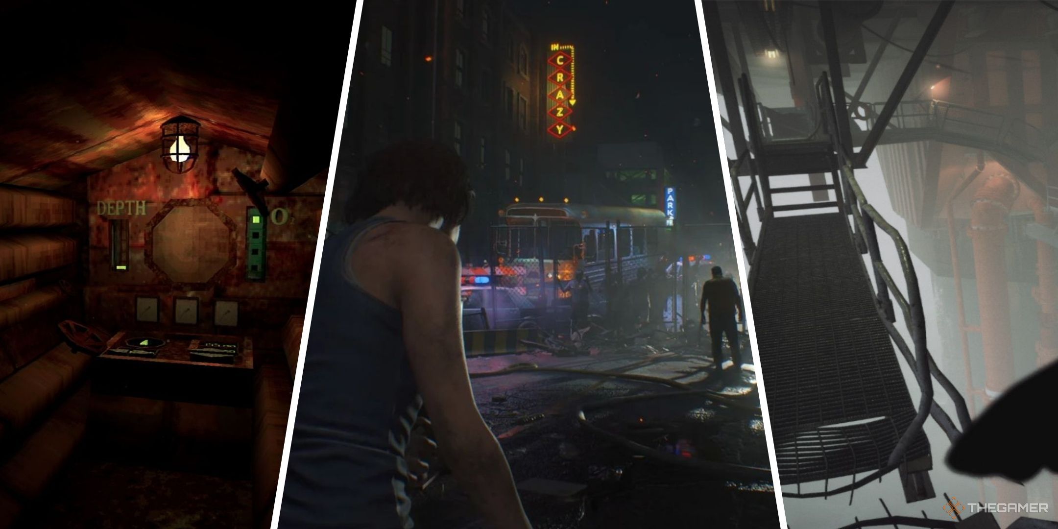 A collage with gameplay from Iron Lung, Resident Evil 3 Remake, and Still Wakes The Deep.