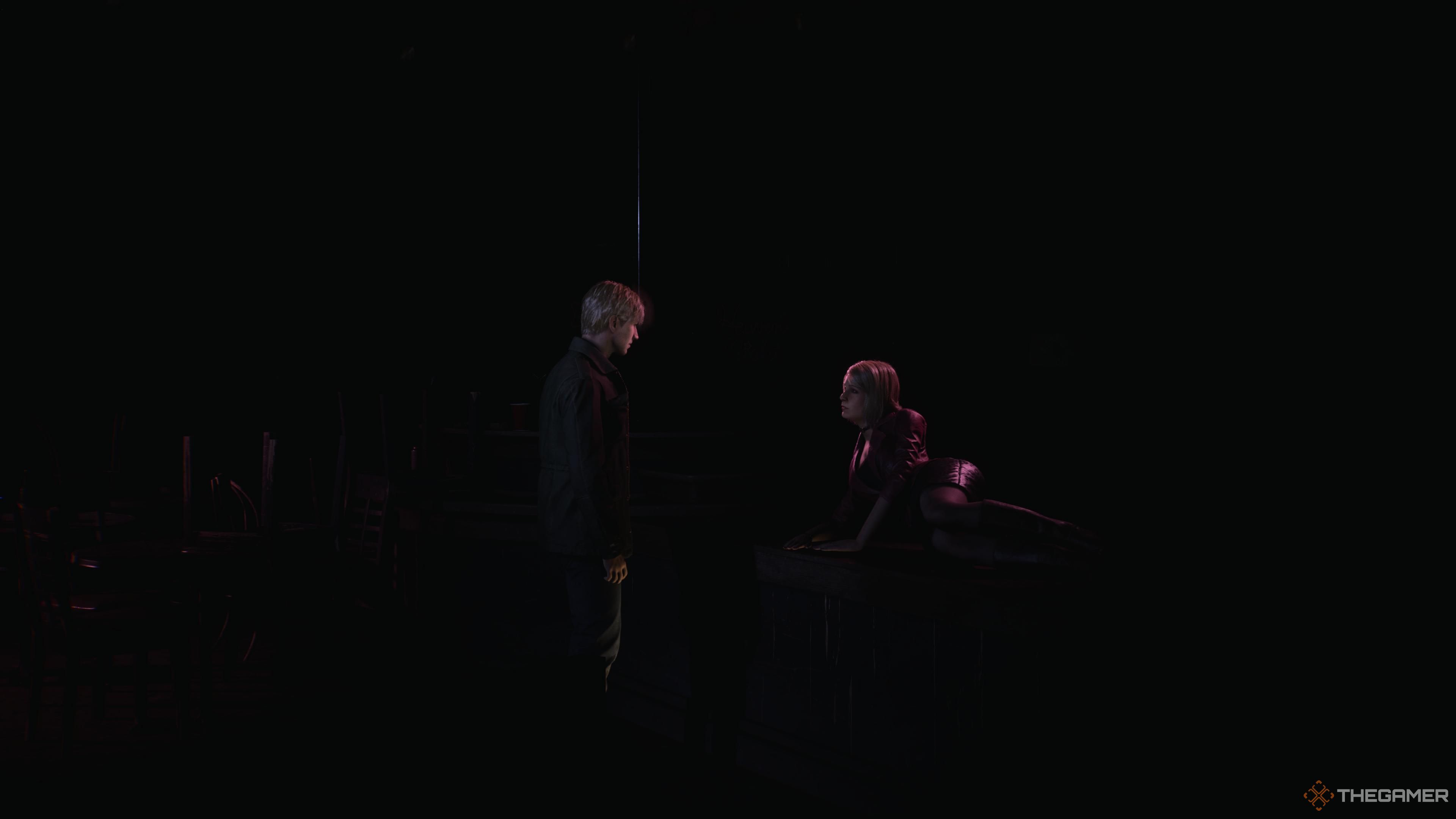 James meeting Maria in the Heaven's Night club in the Maria ending of silent hill 2 remake.