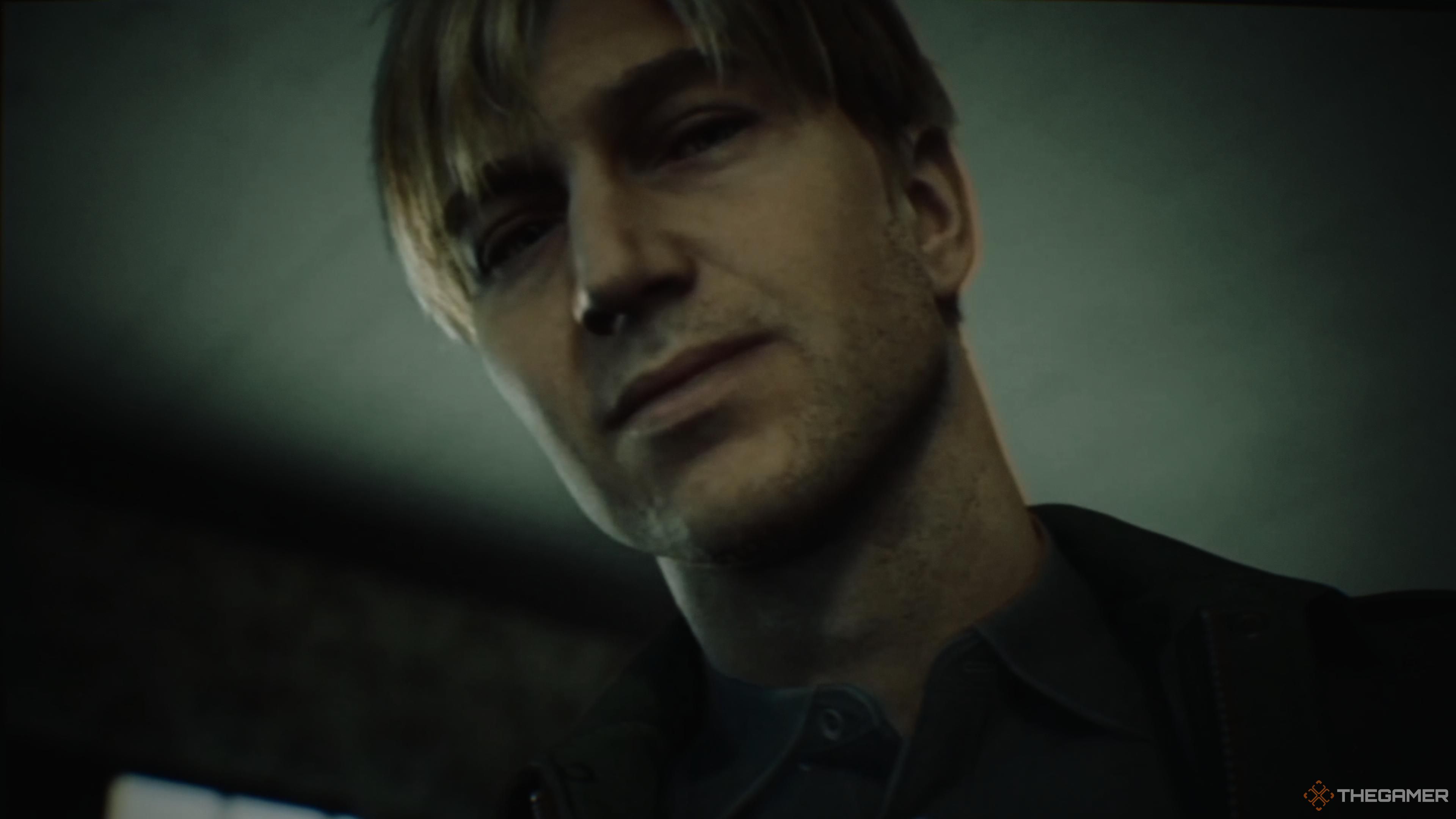 James as he appears in the videotape with a light smile in the bliss ending of silent hill 2 remake.