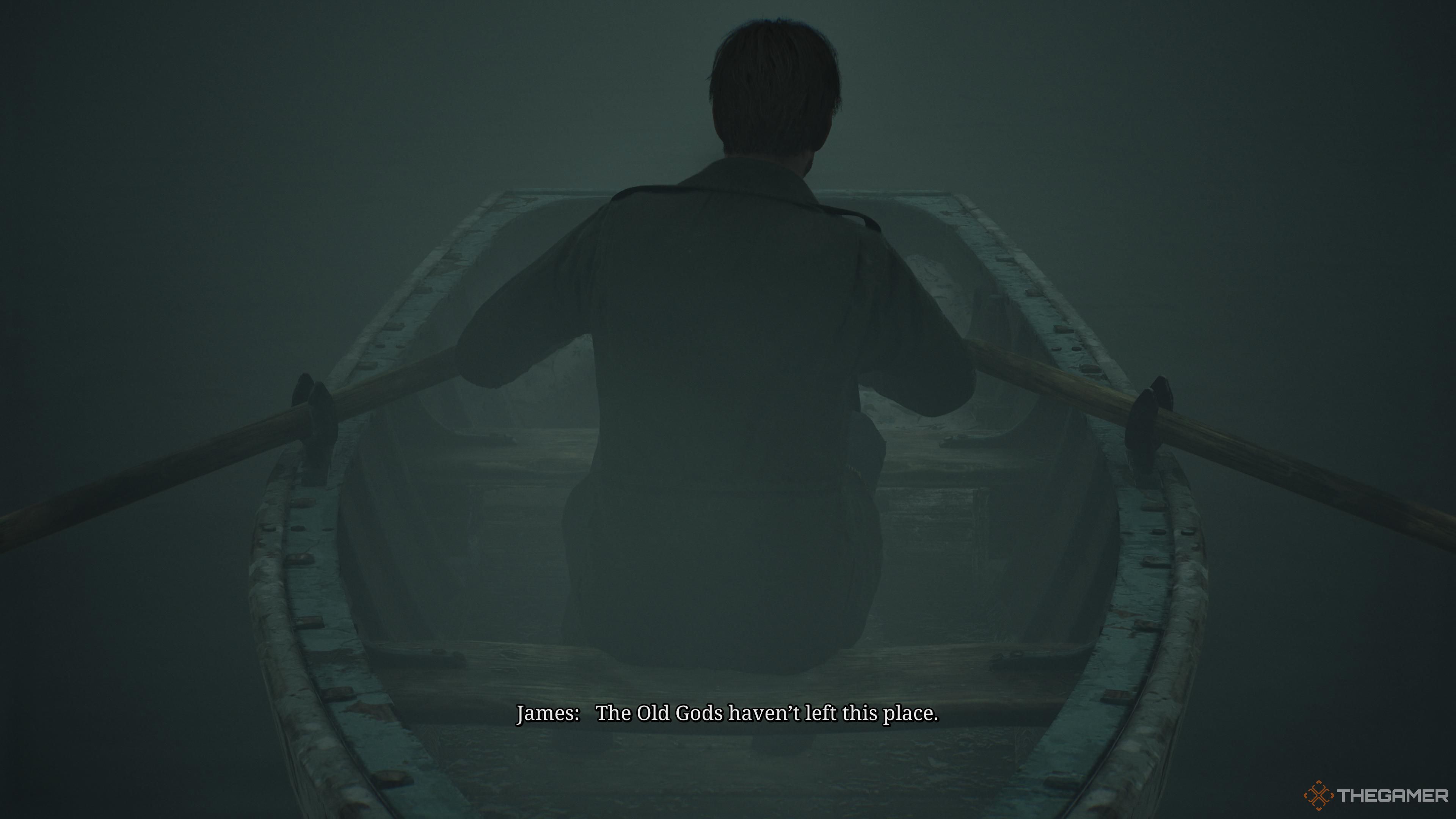 James rowing in a boat while talking about the Old Gods in the Rebirth ending of silent hill 2 remake.