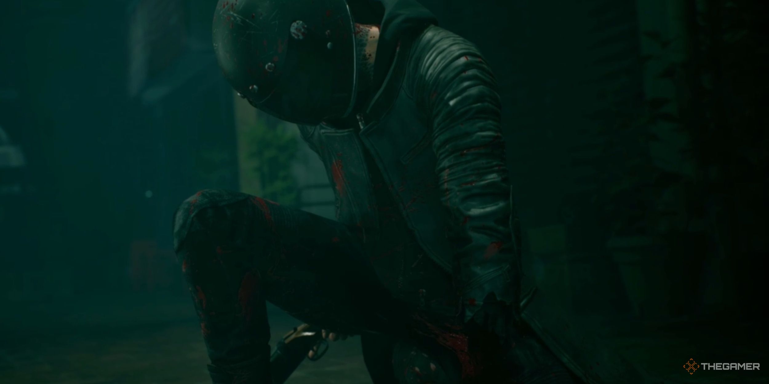 Alex kneeling down, covered in blood, before being possessed by Night Owl in Slitterhead.