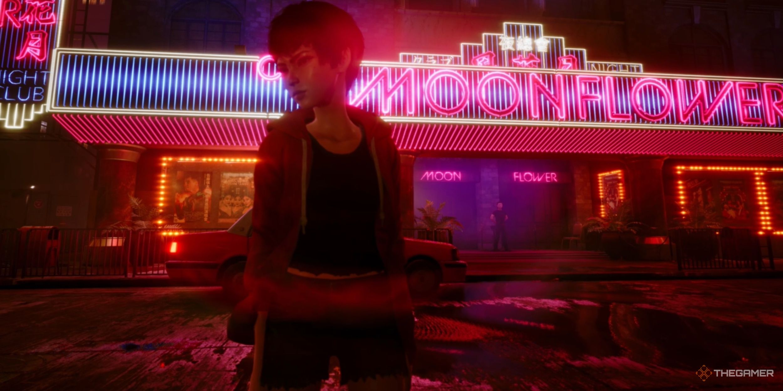Julee standing in front of the Moonflower Nightclub neon sign in Slitterhead.