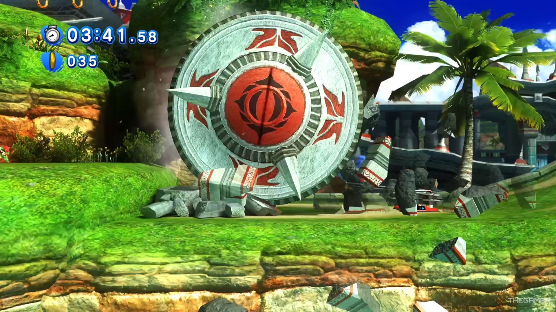 SONIC X SHADOW GENERATIONS Classic Sonic being chased by a giant wheel in Seaside Hill.
