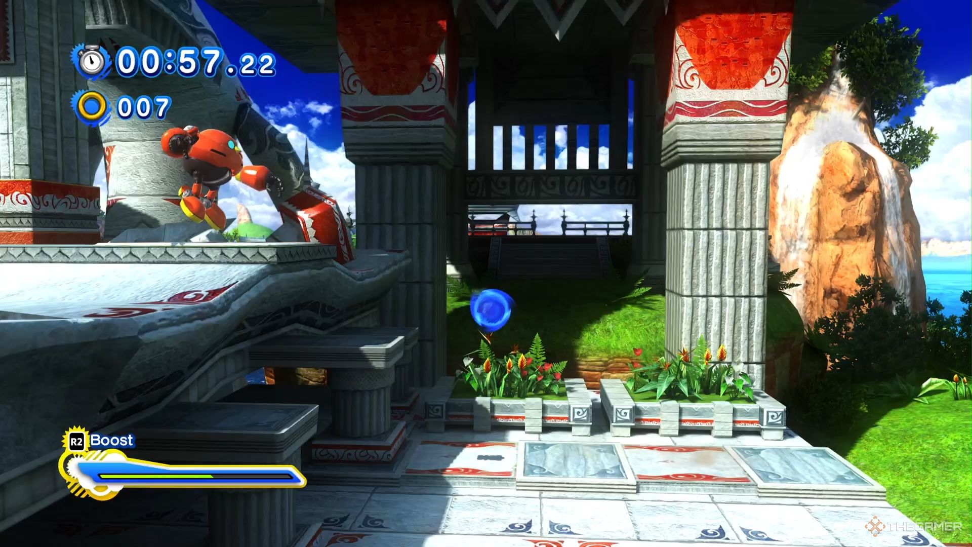 SONIC X SHADOW GENERATIONS Sonic jumping towards an enemy in seaside hill.