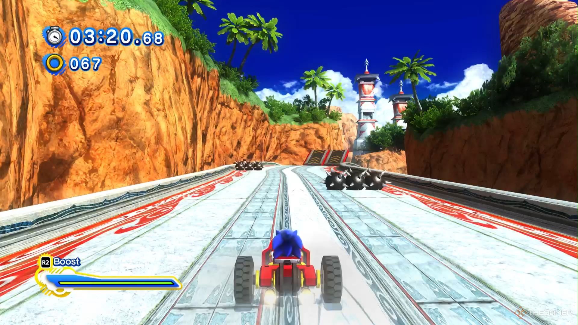 SONIC X SHADOW GENERATIONS Sonic in a vehicle in seaside hill.