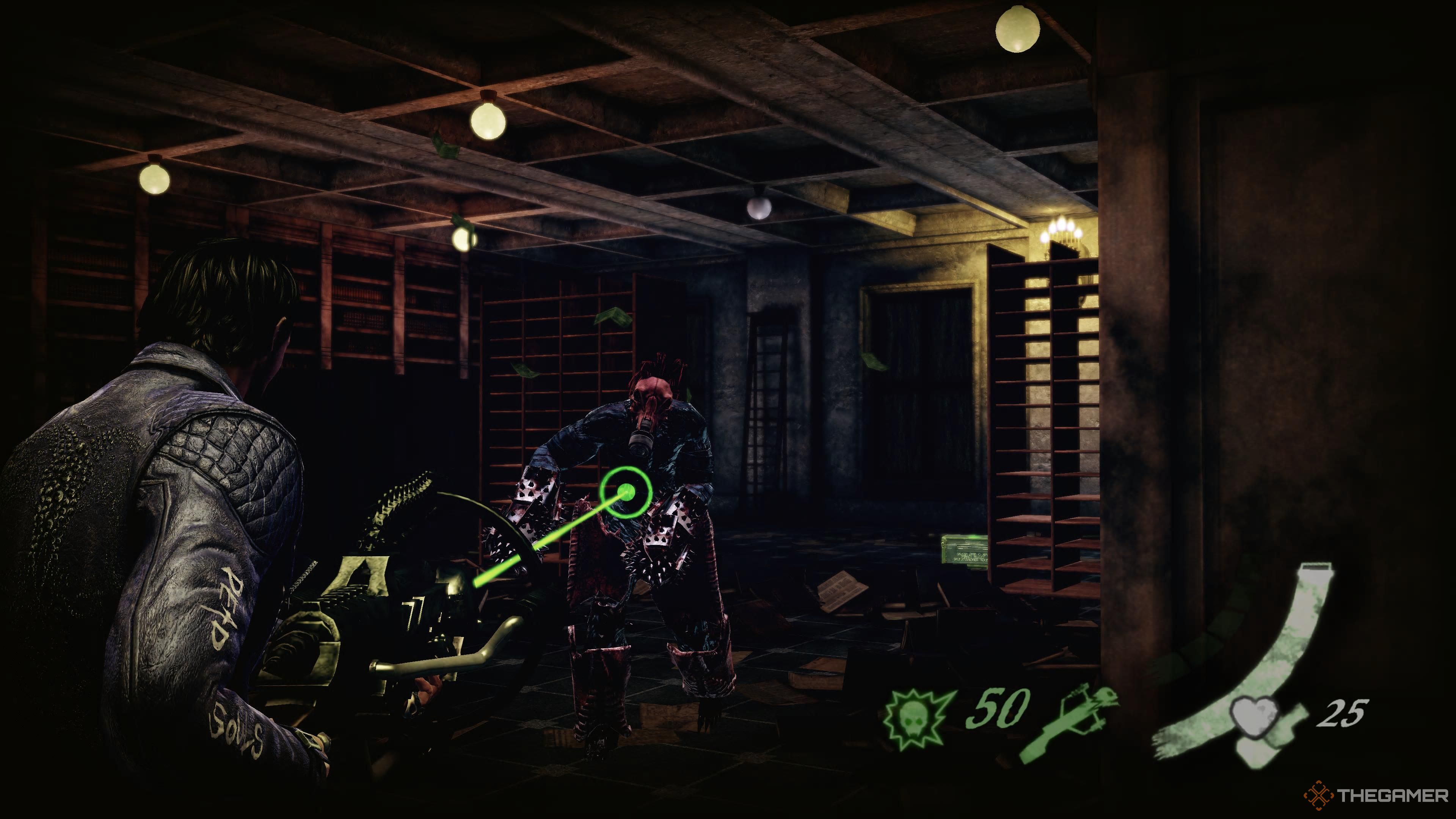 Garcia pointing his shotgun at an armored demon in Shadows of the Damned: Hella Remastered.