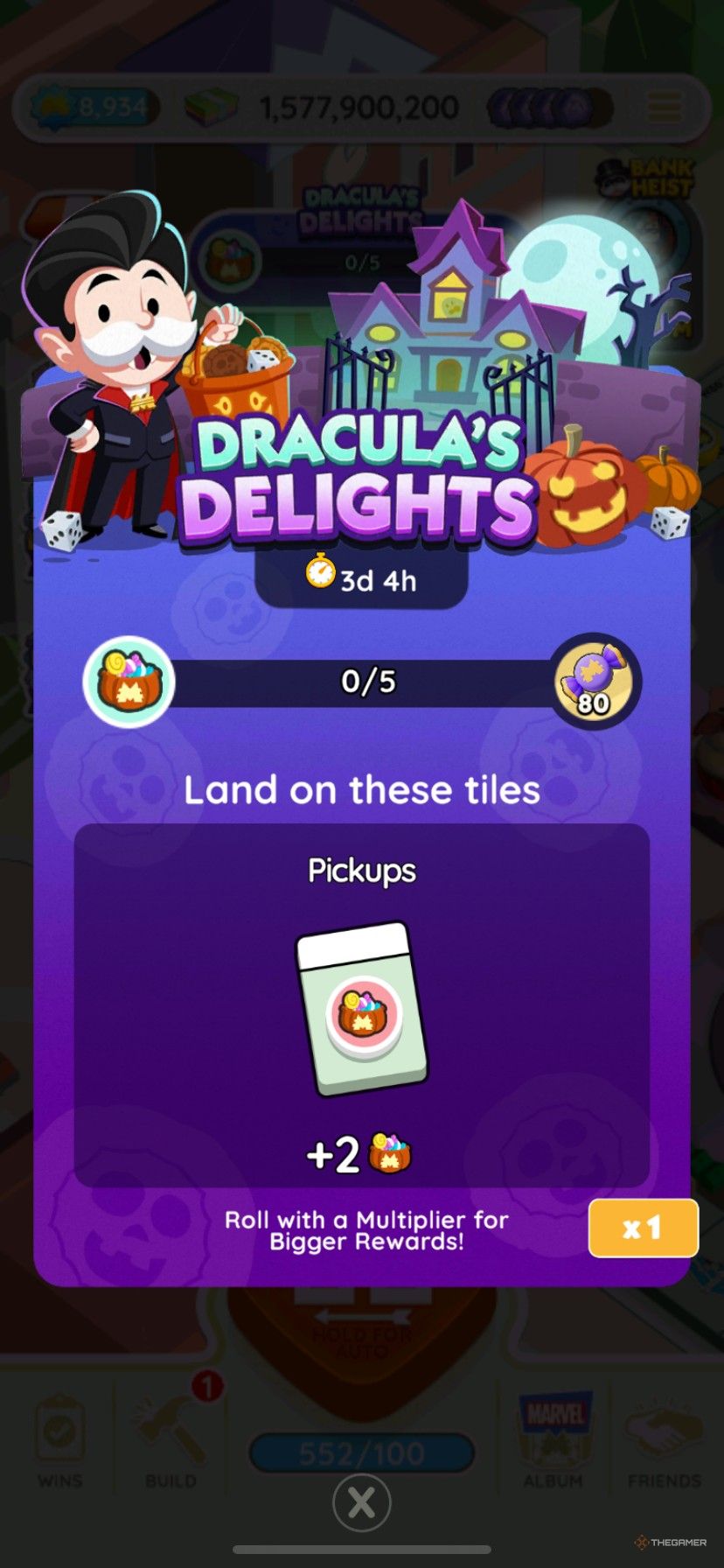 Start screen for the Dracula&rsquo;s Delights Monopoly Go event showing the pickup tokens and Mr. Monopoly in a vampire costume holding a bucket of candy and dice.