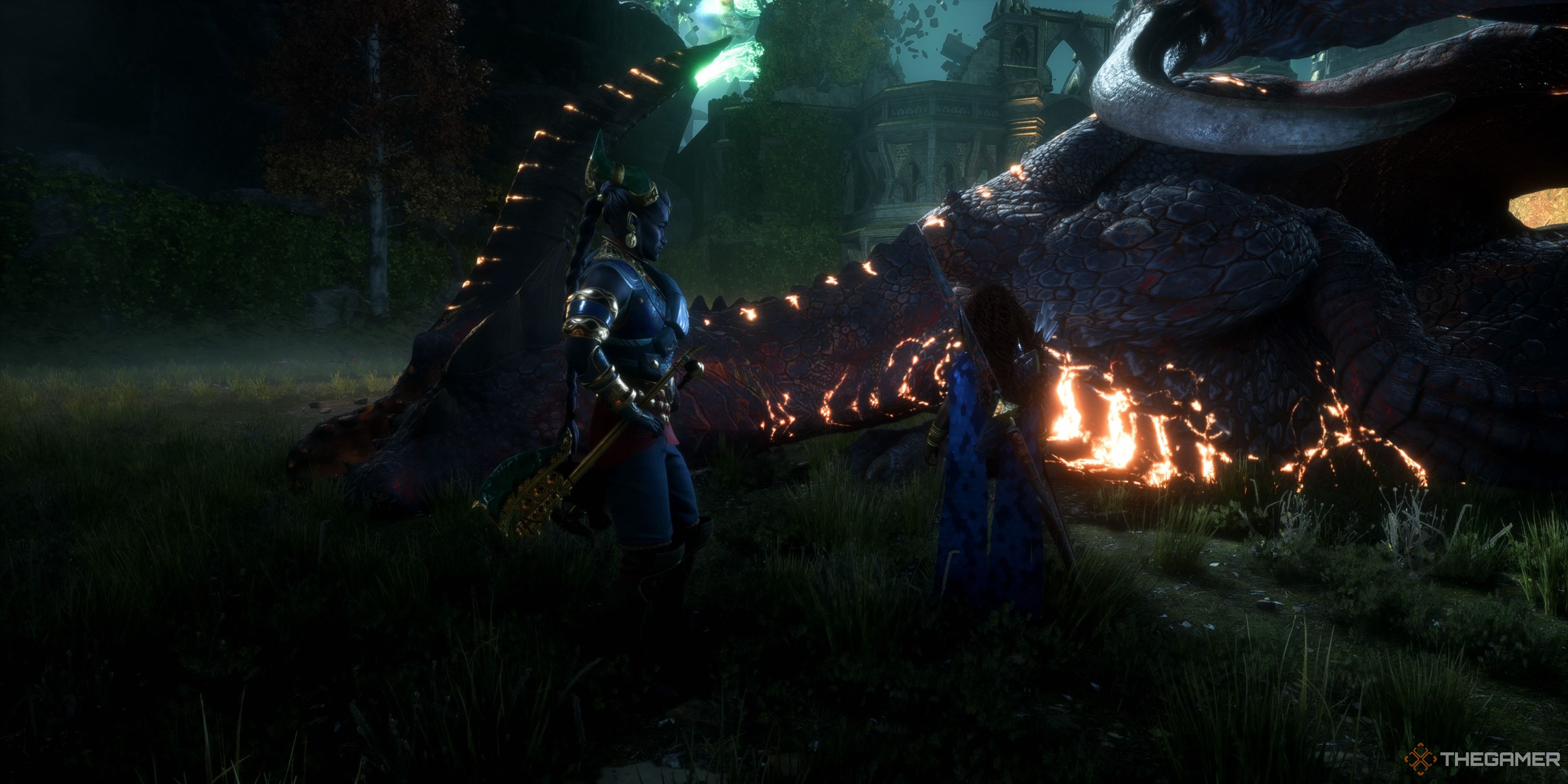 Taash and Rook in front of the Fangscorcher in Dragon Age The Veilguard