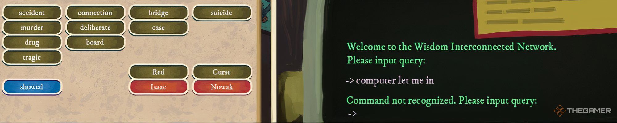 The commissioner&rsquo;s computer and a word wall in The Rise of the Golden Idol.