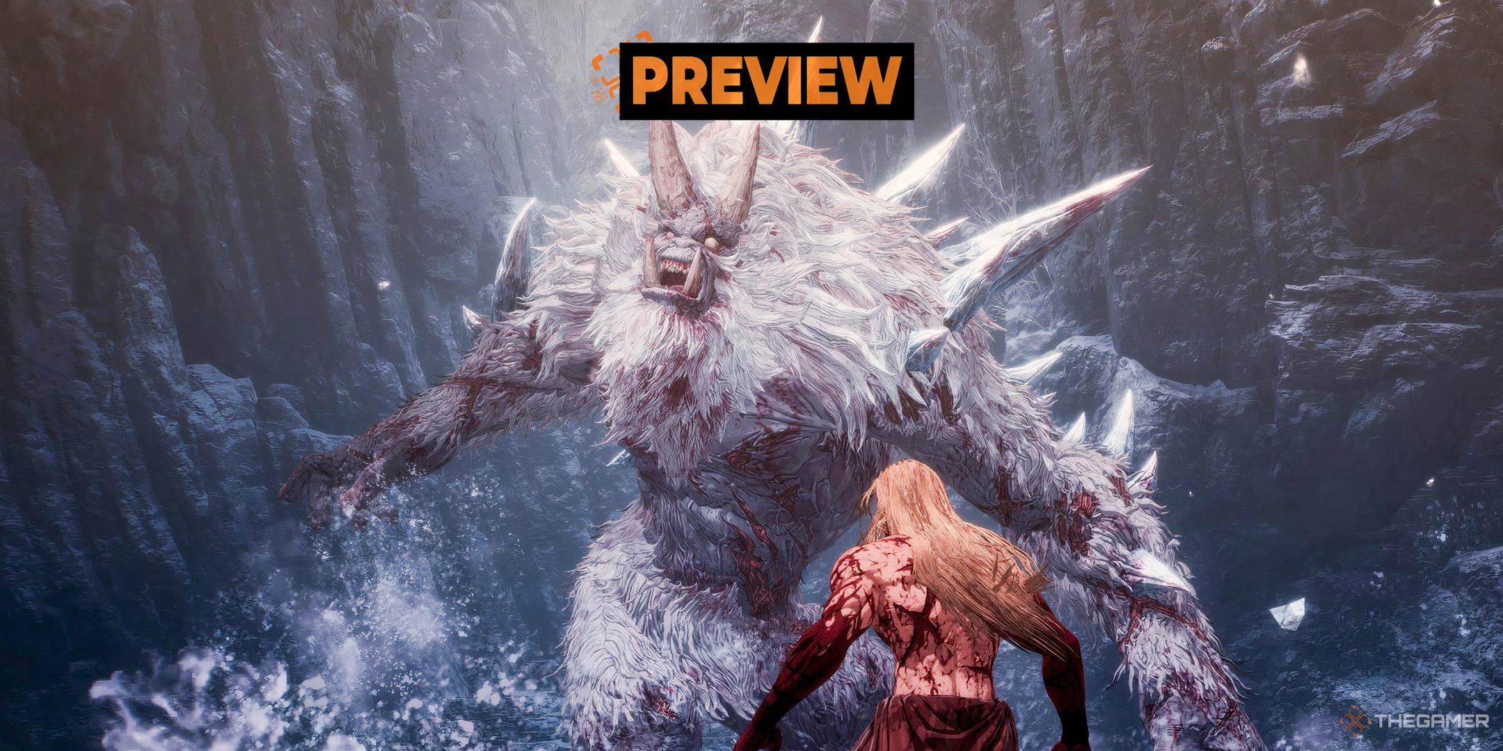 The First Berserker - Khazan standing face to face with a giant yeti-like monster