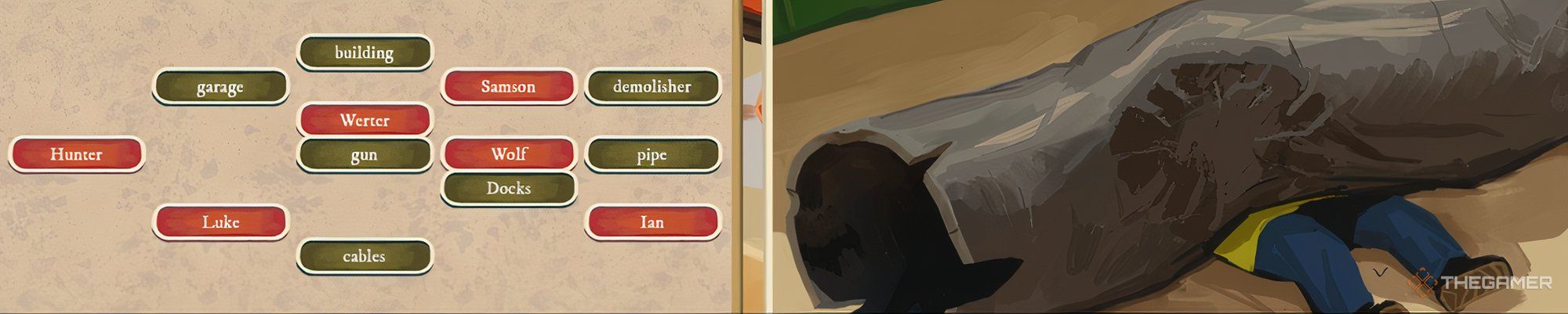 The foreman under the pipe and a word wall in The Rise of the Golden Idol.