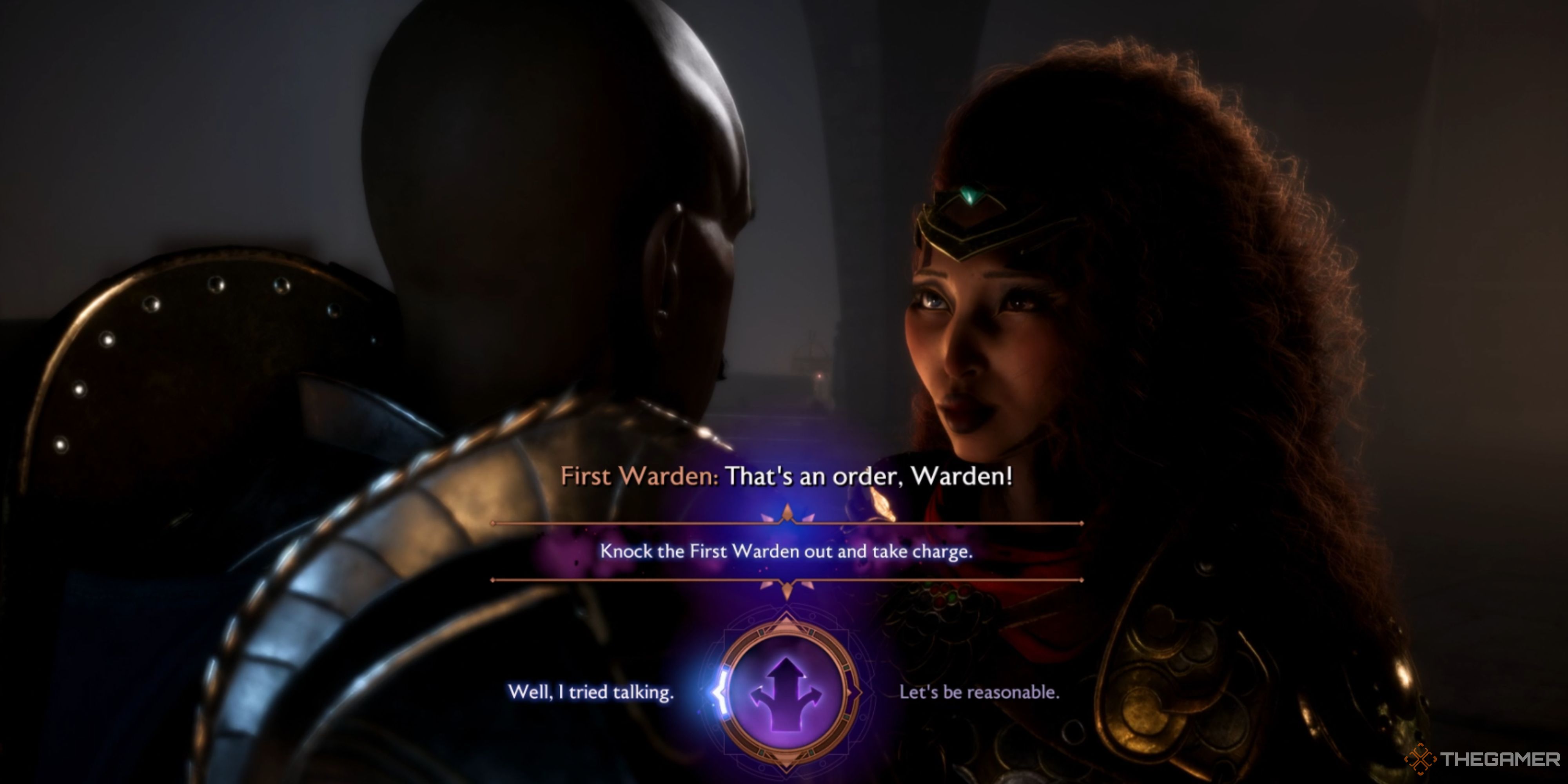 The Rook chooses whether to Punch or Convince The First Warden in Dragon Age The Veilguard