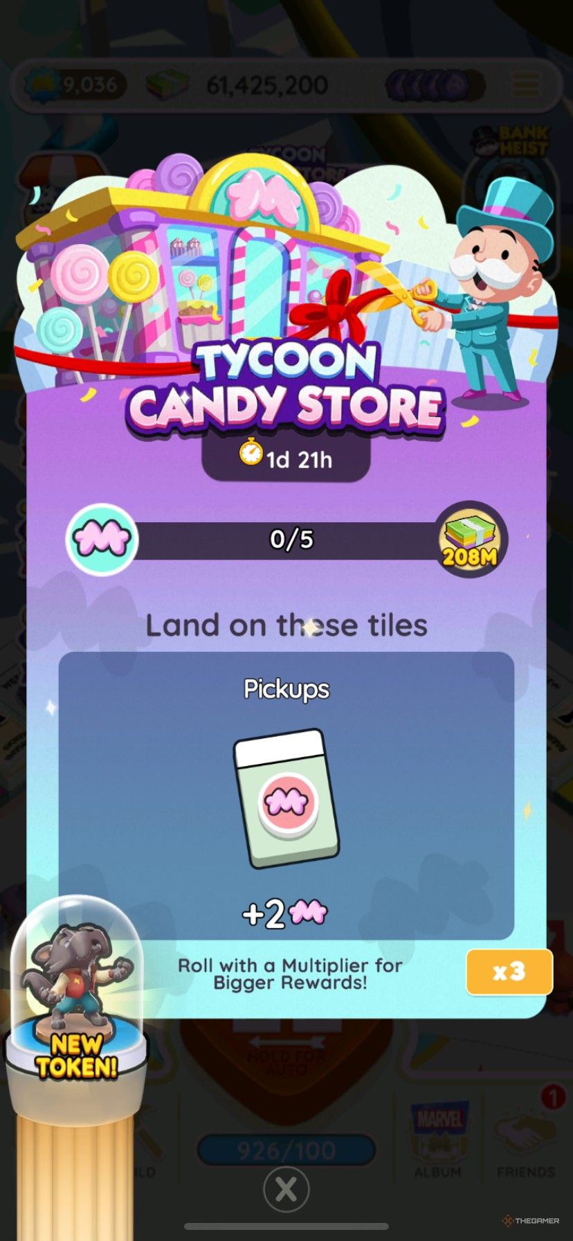 The start screen for Tycoon Candy Store in Monopoly Go with Mr. Monopoly in a blue tux in front of a candy shop, with the bubblegum M pickups and Werewolf Scottie token.