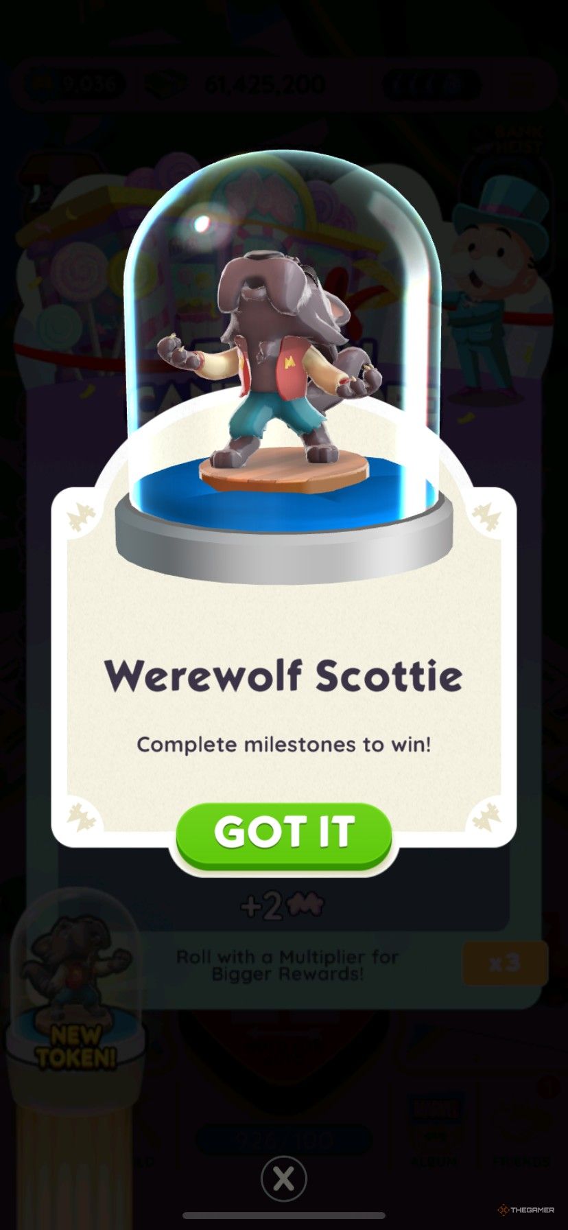 The Werewolf Scottie board token in Monopoly Go as a reward from Tycoon Candyland.